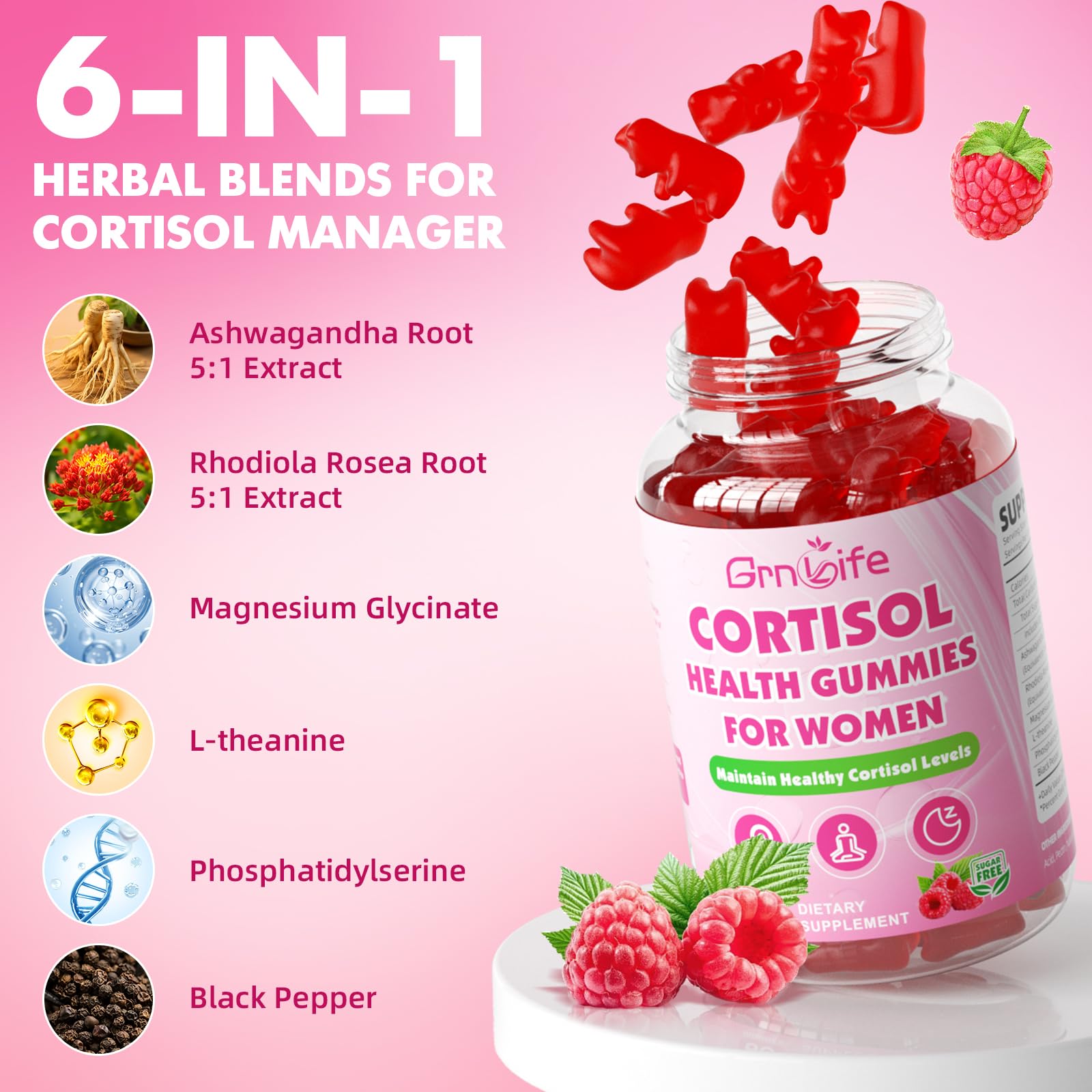 Cortisol Gummies for Women, Cortisol Supplements Gummies with Magnesium Ashwagandha Rhodiola Rosea and L-theanine Complex for Relaxation and Focus, Zzz Support, Raspberry Flavor, 60 Count GrnLifeAu supplements