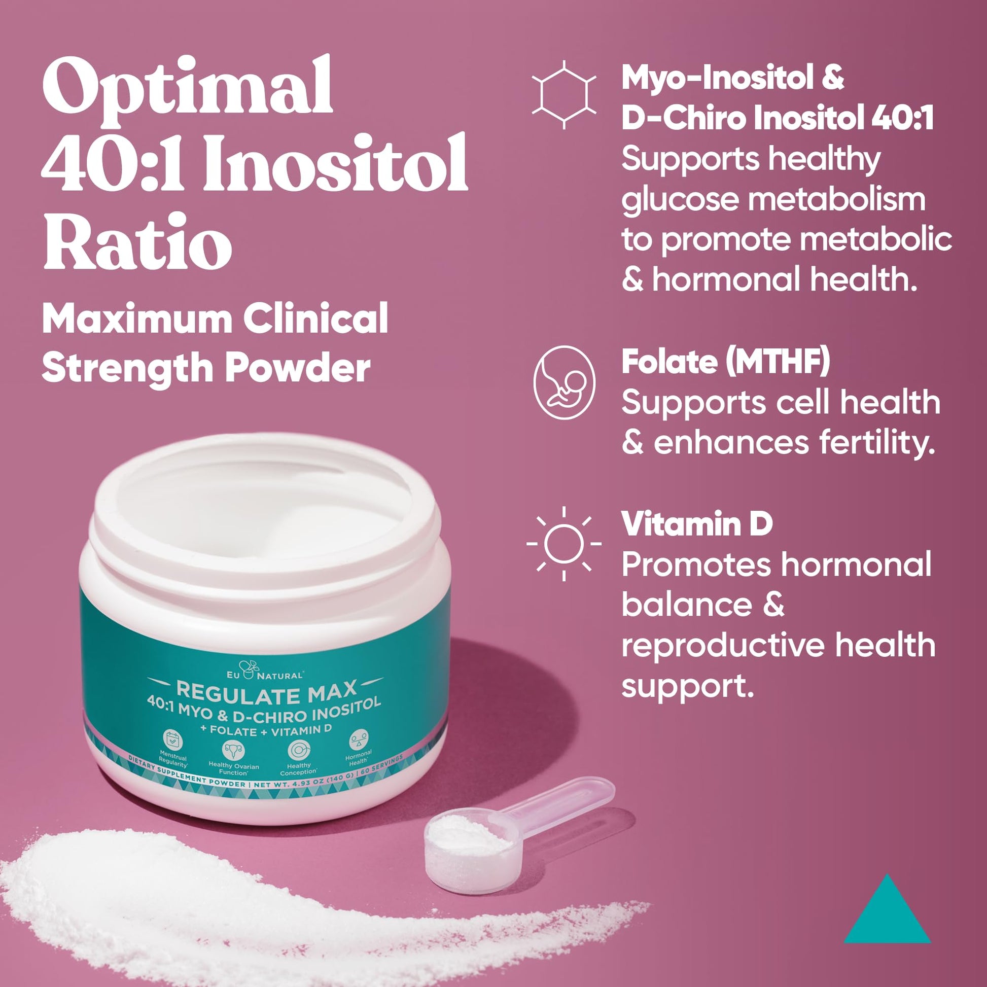 Eu Natural Regulate MAX Myo-Inositol & D-Chiro Inositol Supplement Powder for Women with Vitamin D & Folate Nutritional Support, Hormone Balance & Fertility Support, Unflavored 60 Servings Eu NaturalAu supplements