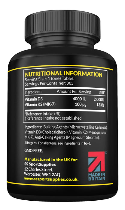 Vitamin D3 K2 High Strength Tablets - 365 Micro Tablets - Vitamin d3 4000 iu and k2 SS Sport SuppliesUS supplements