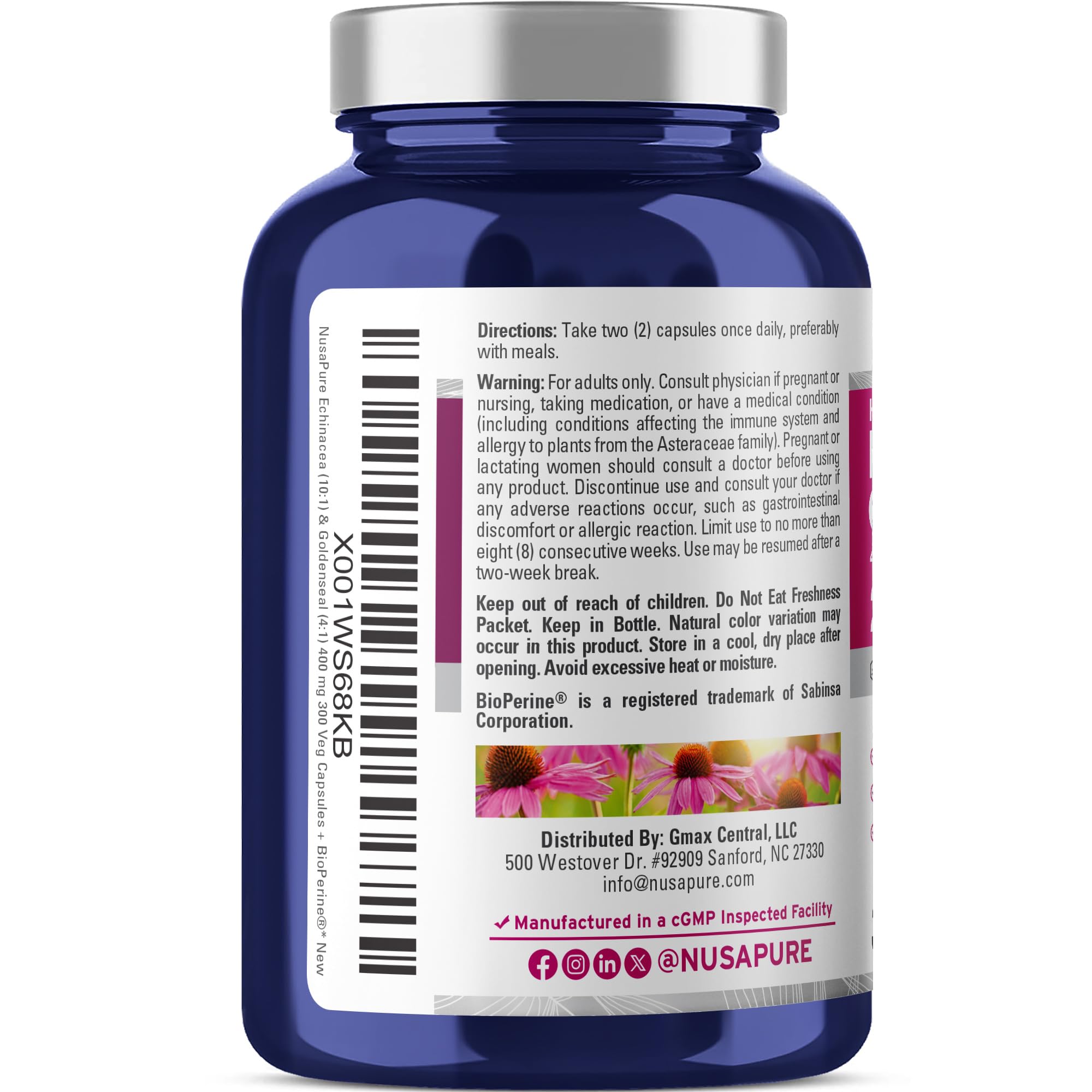 NusaPure Echinacea Goldenseal 200mg, (Extract 10:1, Equivalent to 2,000mg), 200mg, (Extract 4:1, Equivalent to 800mg) - 2800mg 300 Veggie Caps (Vegetarian, Non-GMO, Vegan) NusaPureAu supplements