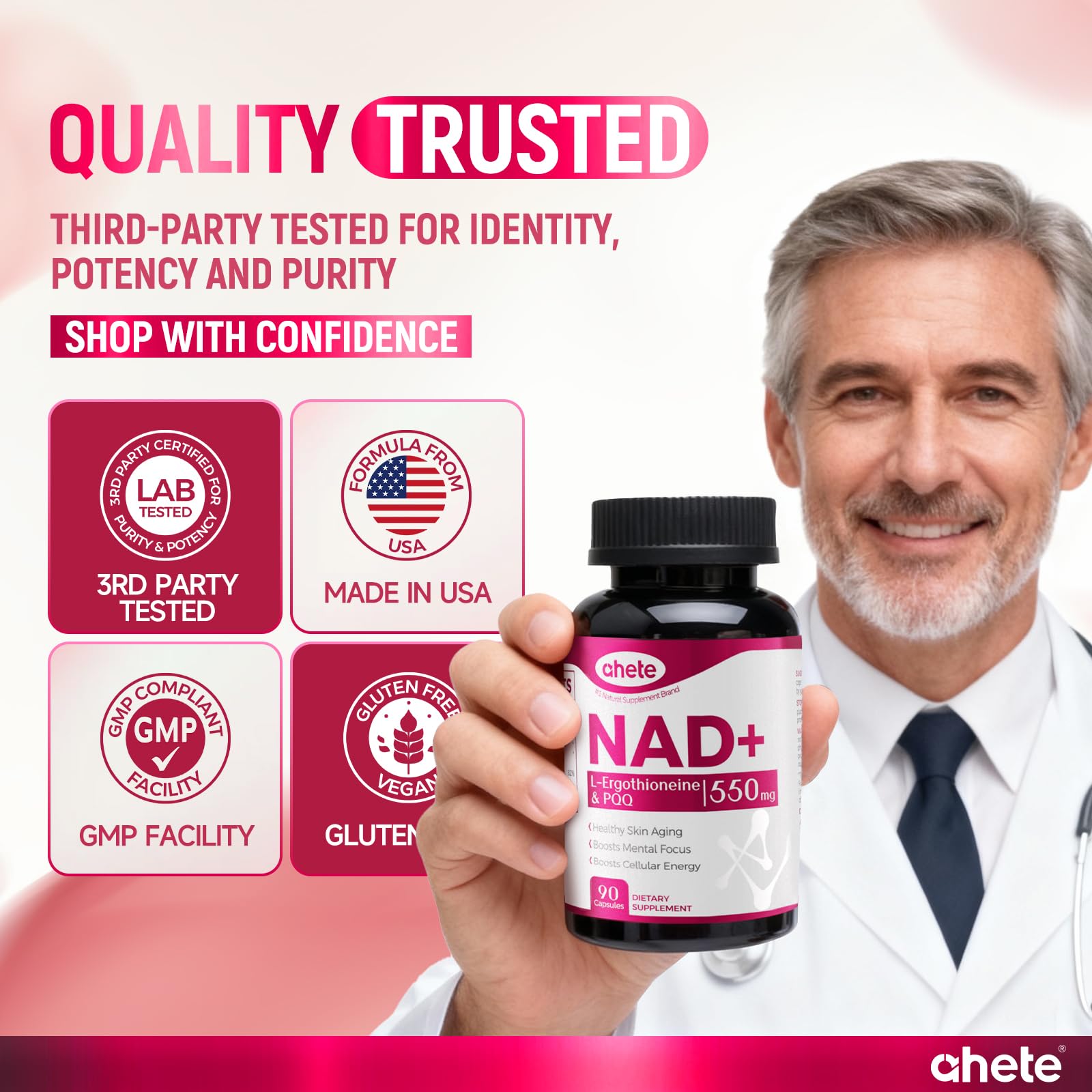 Ahete NAD Supplement with L-Ergothioneine, PQQ, Vitamin B6, and NMNH Supplement - for Cellular Health, Energy Support and Healthy Aging for Women & Men - Vegetarian, Non-GMO, Gluten Free- 90 Capsules AheteAu supplements