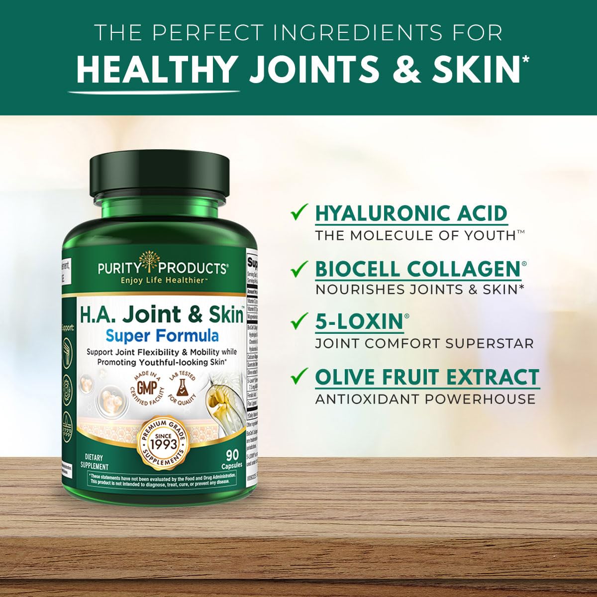 Purity Products H.A. Joint and Skin Super Formula Biocell Collagen w/Hyaluronic Acid Supports Healthy Joint Flexibility, Healthy Synovial Fluid, and Lubrication - 5-Loxin - 90 Capsules (1) Purity ProductsAu supplements