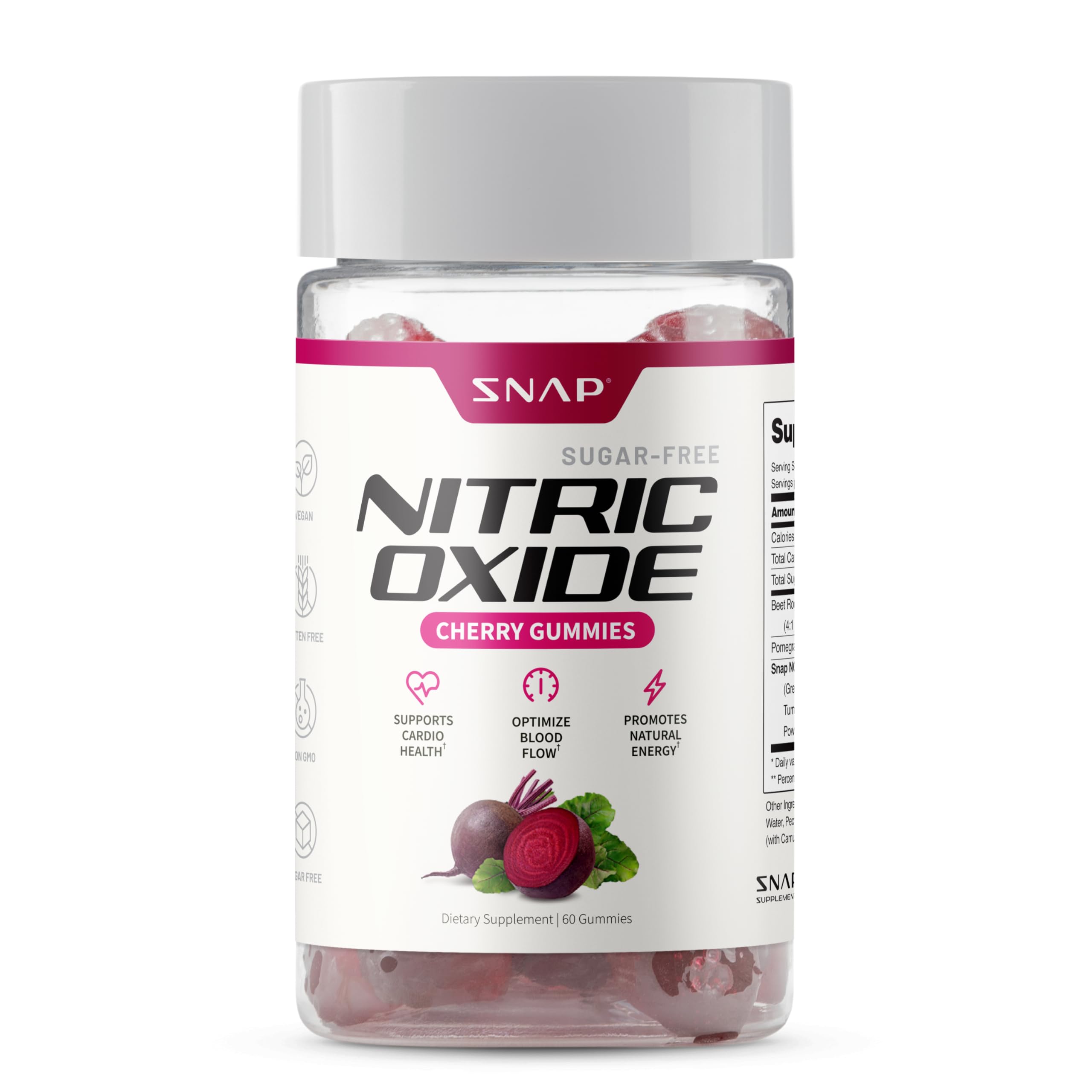 Snap Supplements Nitric Oxide Gummies - Beet Root Extract 300mg, Sugar Free Beetroot Supplement with Pomegranate Powder for Circulation & Natural Energy, 60 Vegan Gummies, Cherry Flavor Snap SupplementsAu supplements