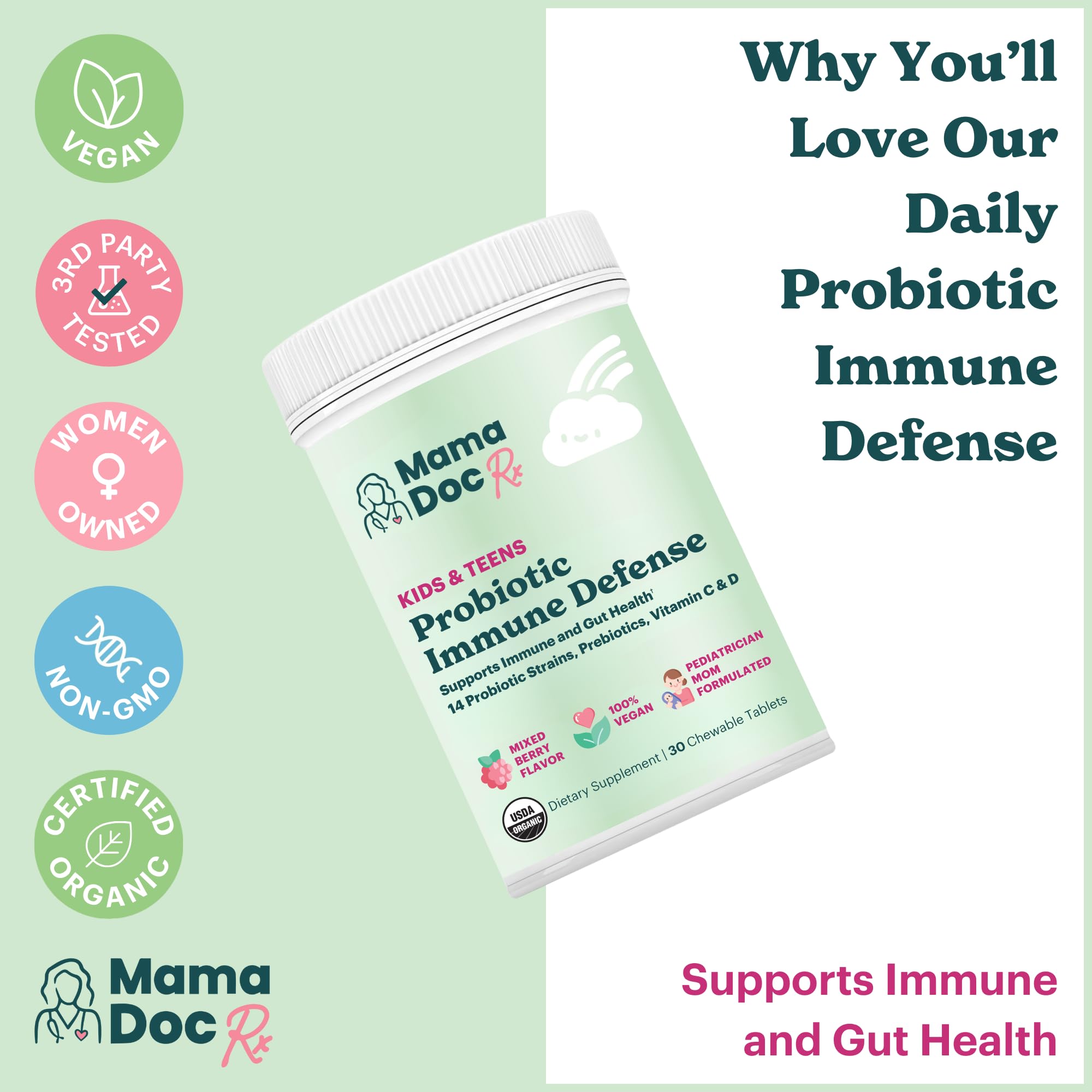 MamaDoc Rx Certified Organic Kids & Teens Probiotic Immune Defense - 5 Billion CFUs | Sugar Free, Vegan, Gluten-Free | 14 Probiotic Strains, Prebiotics, Vitamin C & D | 30 Chewable Tablets, Ages 4+ MamaDoc RxAu supplements