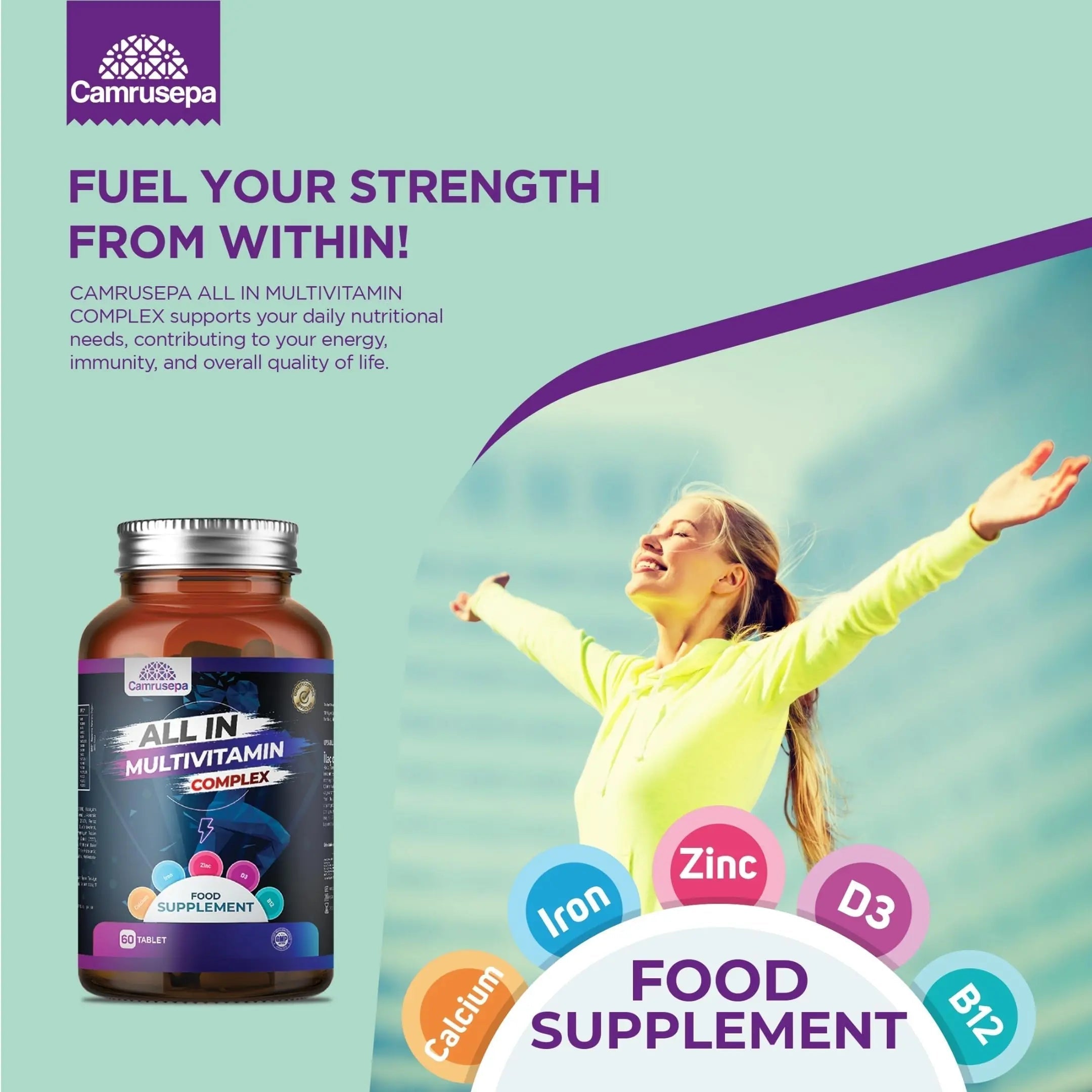 CAMRUSEPA All in Multivitamin Complex – Daily Tablet with Calcium, Iron, Zinc, Vitamin C, B Complex, D3, E, A & More – Complete Daily Nutritional Support for Adults CamrusepaAu supplements