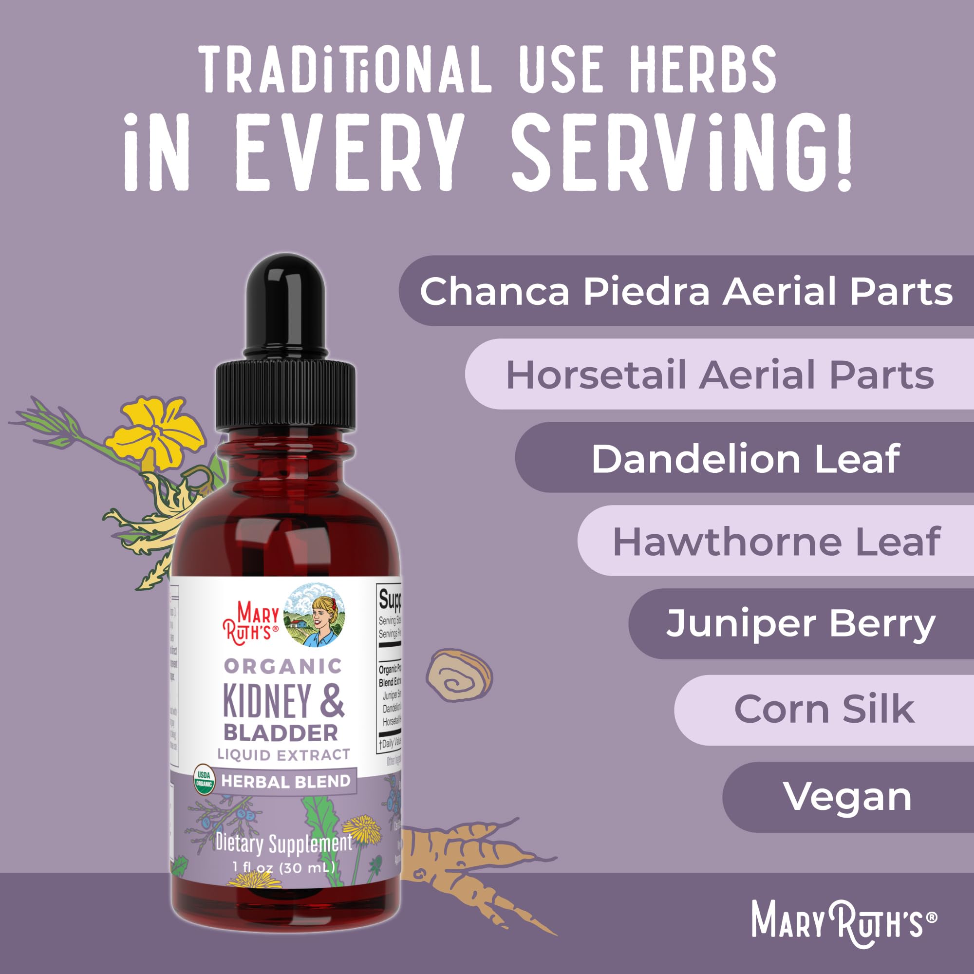 MaryRuth Organics Herbal Supplement Drops | Support Renal & Urinary Systems | Juniper Berry | Cleavers | Dandelion | Hawthorn | Horsetail & Chanca Piedra | Vegan | Non-GMO | 1 Fl Oz MARYRUTH'SUS supplements