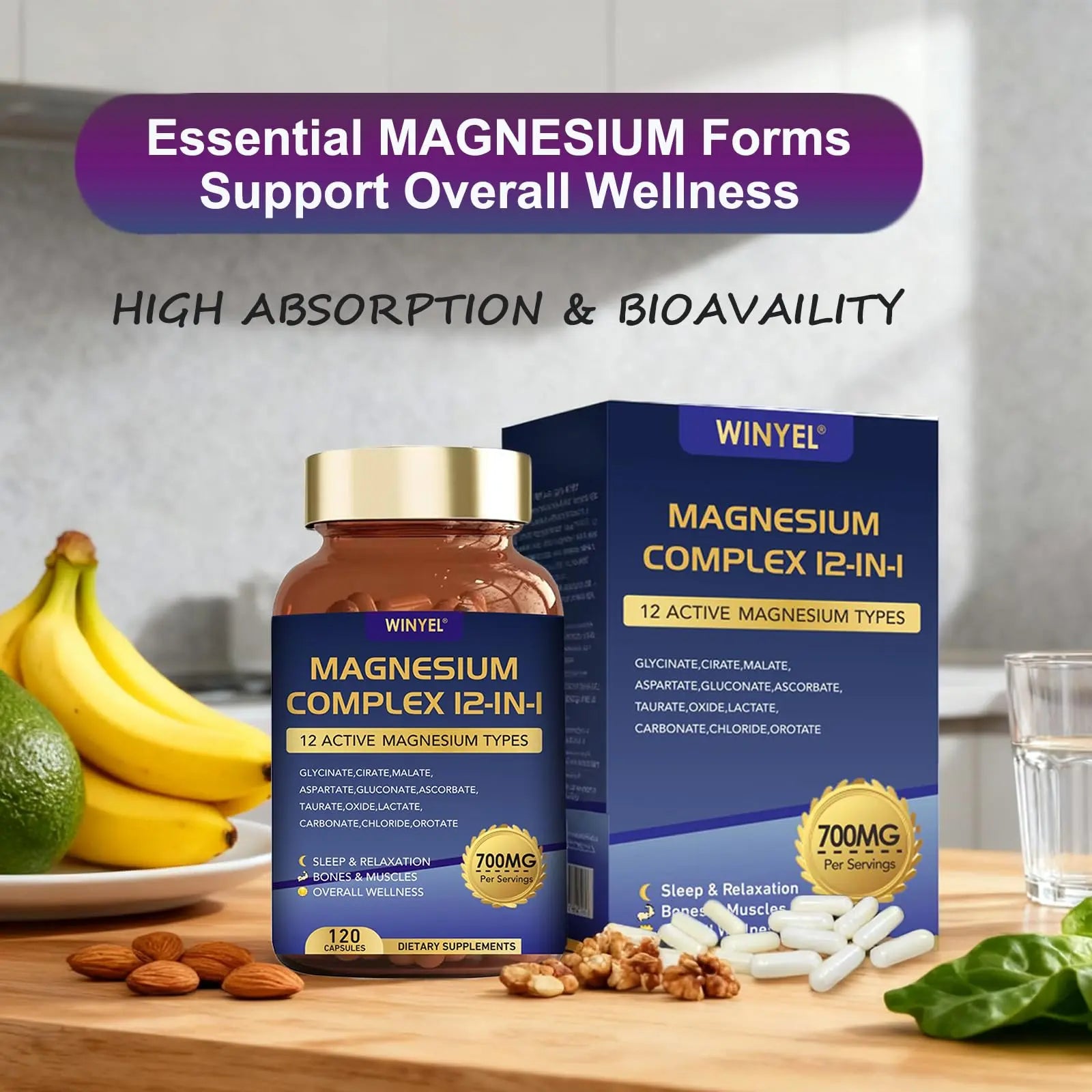 Magnesium Complex 700mg 12 in 1 Magnesium Supplement with Glycinate, Citrate, Malate | Sleep, Calm, Muscle Relaxation, Heart Health Support | Vegan 120 Capsules WINYELnz supplements