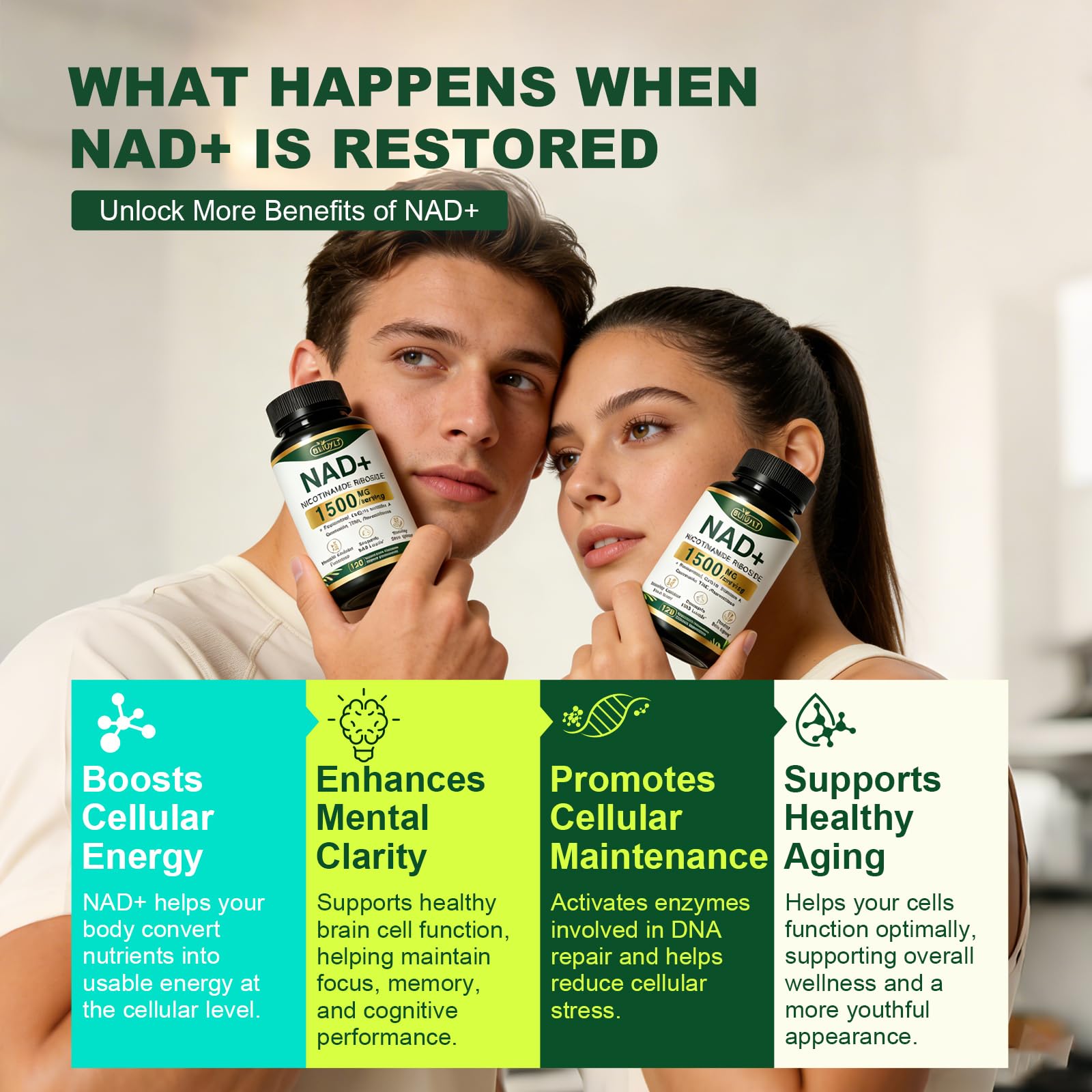 BUIUYLT NAD+ Supplement 1500mg, NR NMN Replacement with Resveratrol, Urolithin A, CoQ10 & Quercetin for Cellular Energy, Healthy Aging & Stamina for Women & Men - 120 Capsules BUIUYLTAu supplements