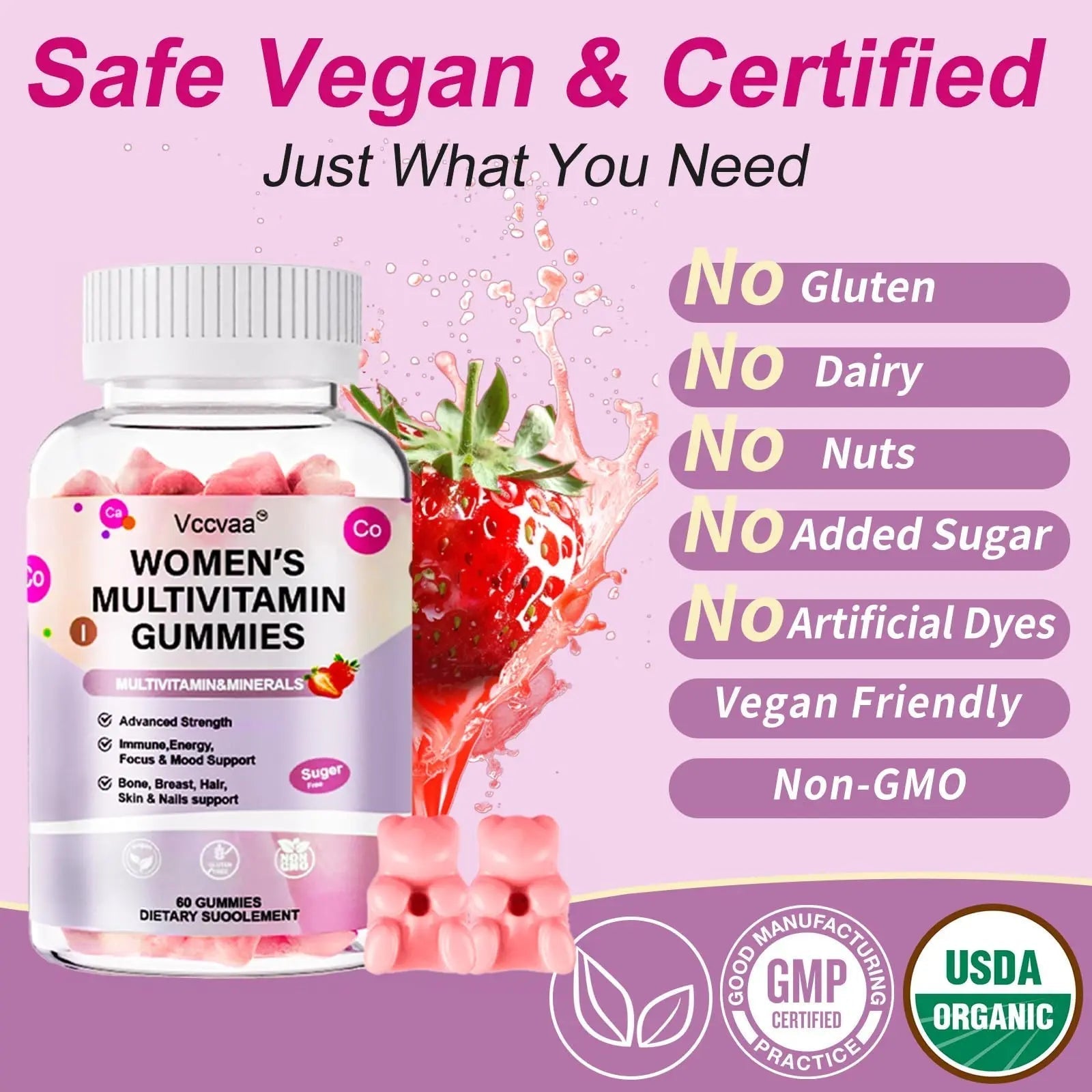 Vccvaa Sugar Free Multivitamin Gummies for Women 14+ with Iron, Inositol, Folate, Vitamins A C D3 E B12 K2, Herbal & Mineral Blend VccvaaAu supplements