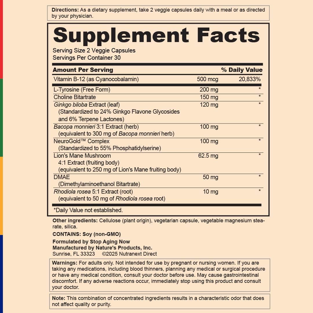 Stop Aging Now - Brain Supplement Complex - with Ginkgo Biloba, Lion's Mane, Bacopa, and DMAE - 60 Vegetarian Capsules - Advanced Blend Stop Aging NowAu supplements