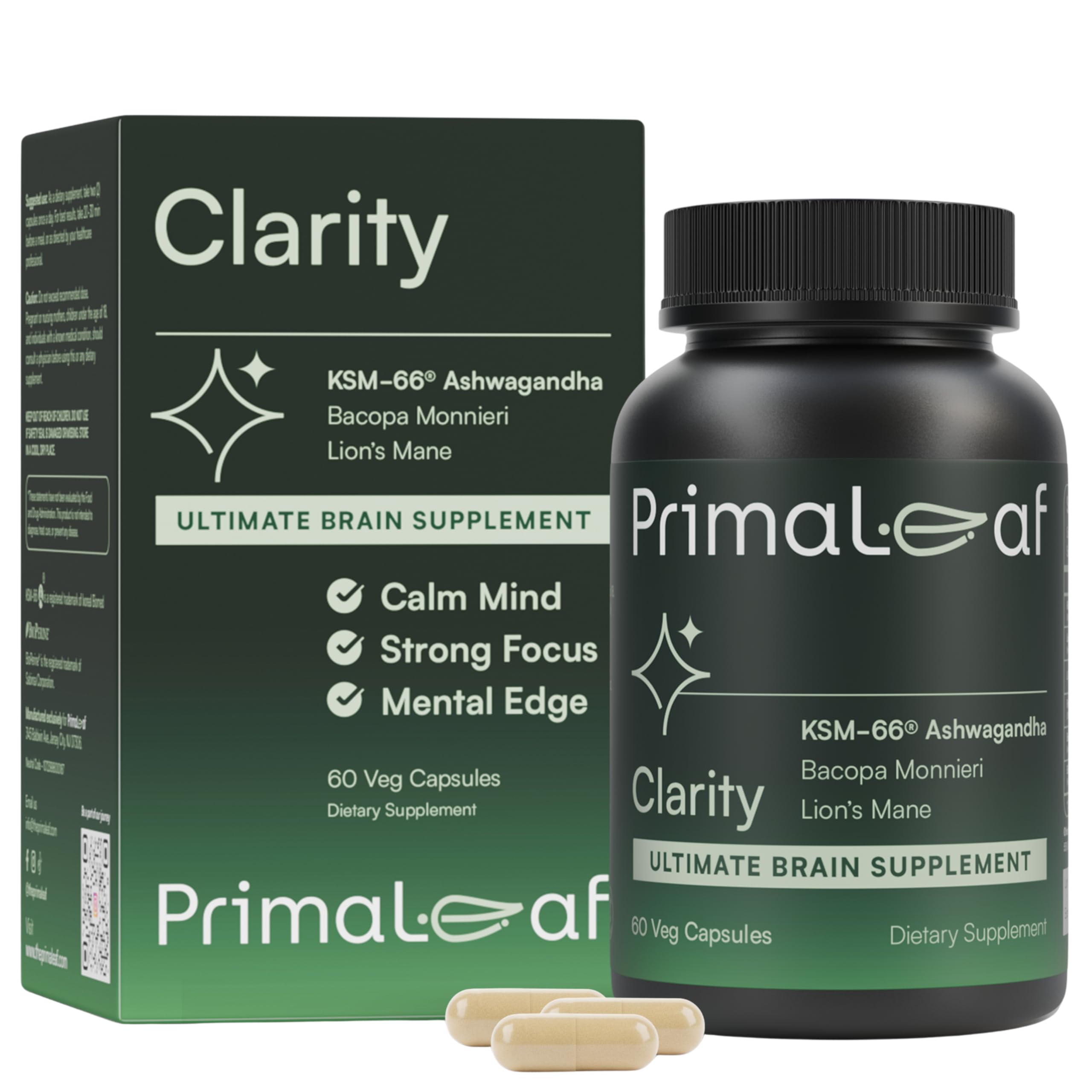PrimaLeaf Clarity Nootropics Brain Supplement for Focus, Memory, & Stress Relief | Natural Nootropic with KSM66 Ashwagandha, Lions Mane, Bacopa, L Theanine | Cognitive & Mood Support | 60 Veg Capsules PrimaLeafAu supplements