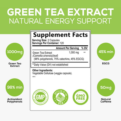 Green Tea Extract Capsules 1000mg 98% Standardized EGCG - 3X Strength for Natural Nature's NutritionUS supplements