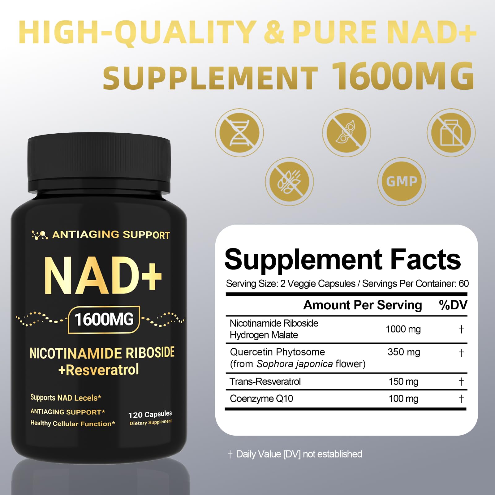 NAD Supplement 1600mg, NAD+ with Resveratrol & Nicotinamide Riboside, Anti-Aging Support, Cellular Energy & Mental Clarity Support, Vegan Non-GMO, 120 Capsules ANTIAGING SUPPORTAu supplements