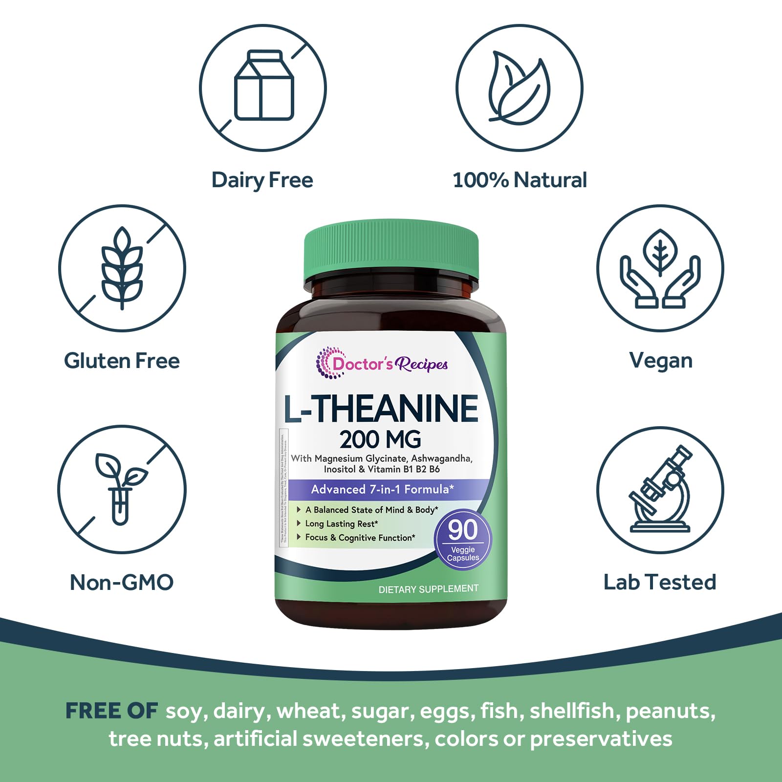 Doctor's Recipes L-Theanine 200 mg, Magnesium Glycinate, Ashwagandha, Inositol, Vitamin B6 B1 B2, Calm Relaxation Mood Cortisol Manager Nerve Focus Sleep Aid Quality No Drowsiness, Vegan, 90 Capsules Doctor's RecipesAu supplements
