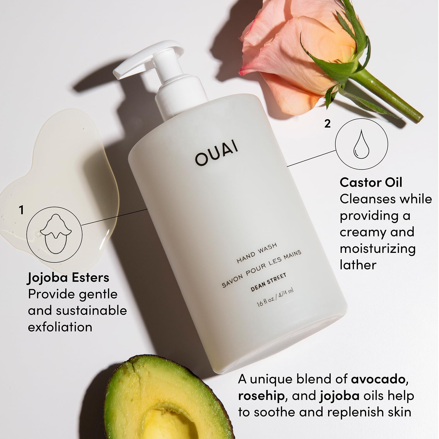OUAI Hand Wash, Dean Street - Liquid Hand Soap with Jojoba, Avocado, & Rose Hip Oil for Replenished Skin - Gentle Exfoliating Kitchen & Bathroom Soap (16 Fl Oz) OUAIAu supplements