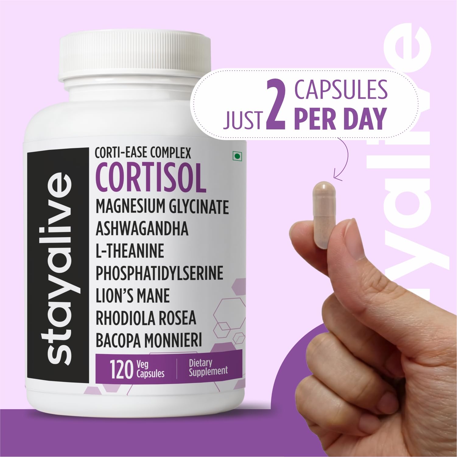 STAY ALIVE Cortisol Manager Supplement 15-in-1 Complex w/L-Theanine, Ashwagandha, Magnesium Glycinate, Phosphatidylserine and More, 120 Veg Capsules, Non-GMO & Gluten-Free Formula for Women and Men STAY ALIVEAu supplements