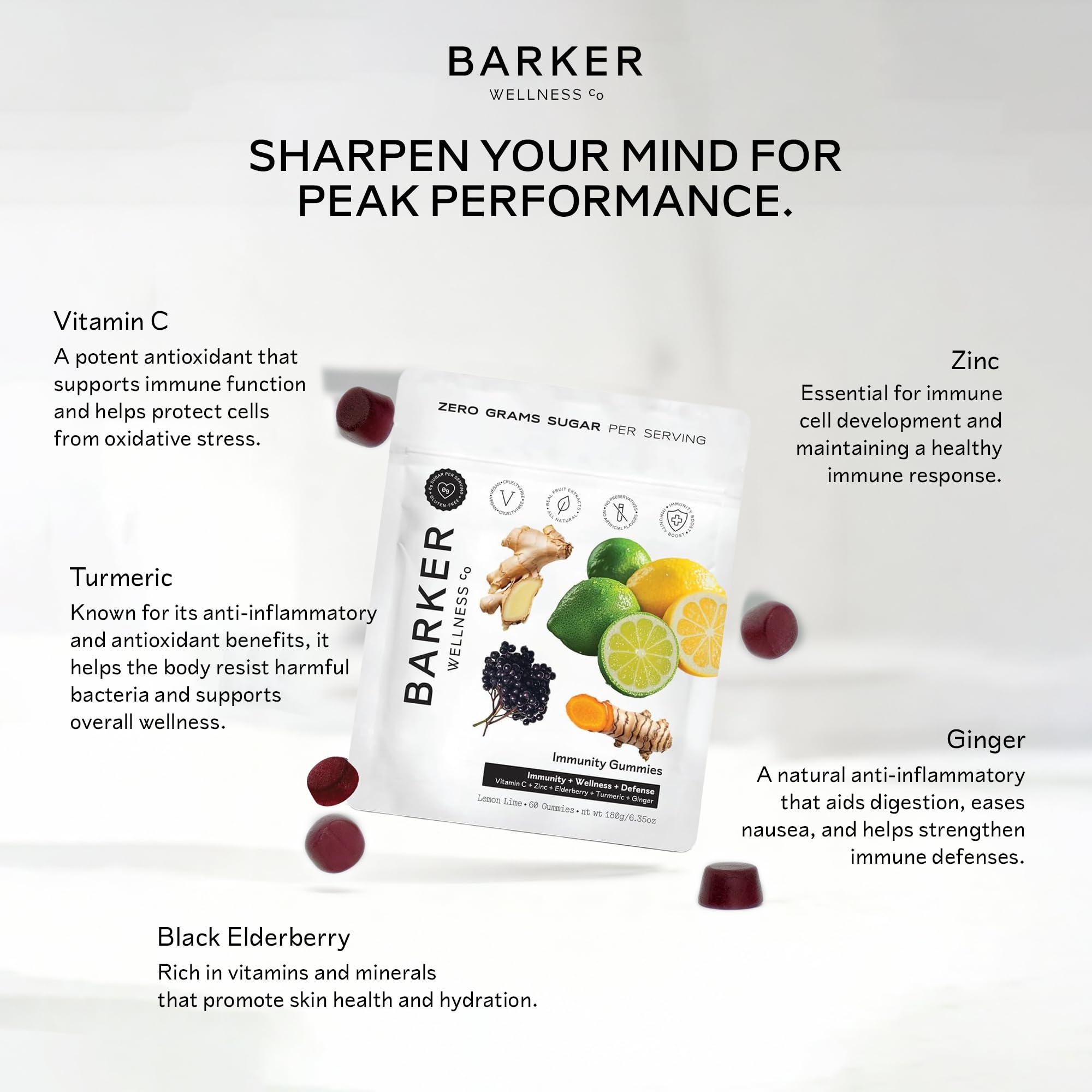 Barker Wellness Immunity Gummies with Vitamin C, Zinc, Elderberry, Turmeric & Ginger for Daily Immune Support | Vegan, Sugar-Free, Lemon-Lime Flavor | Seasonal Wellness Essentials, 60 Count Barker Wellness CoAu supplements