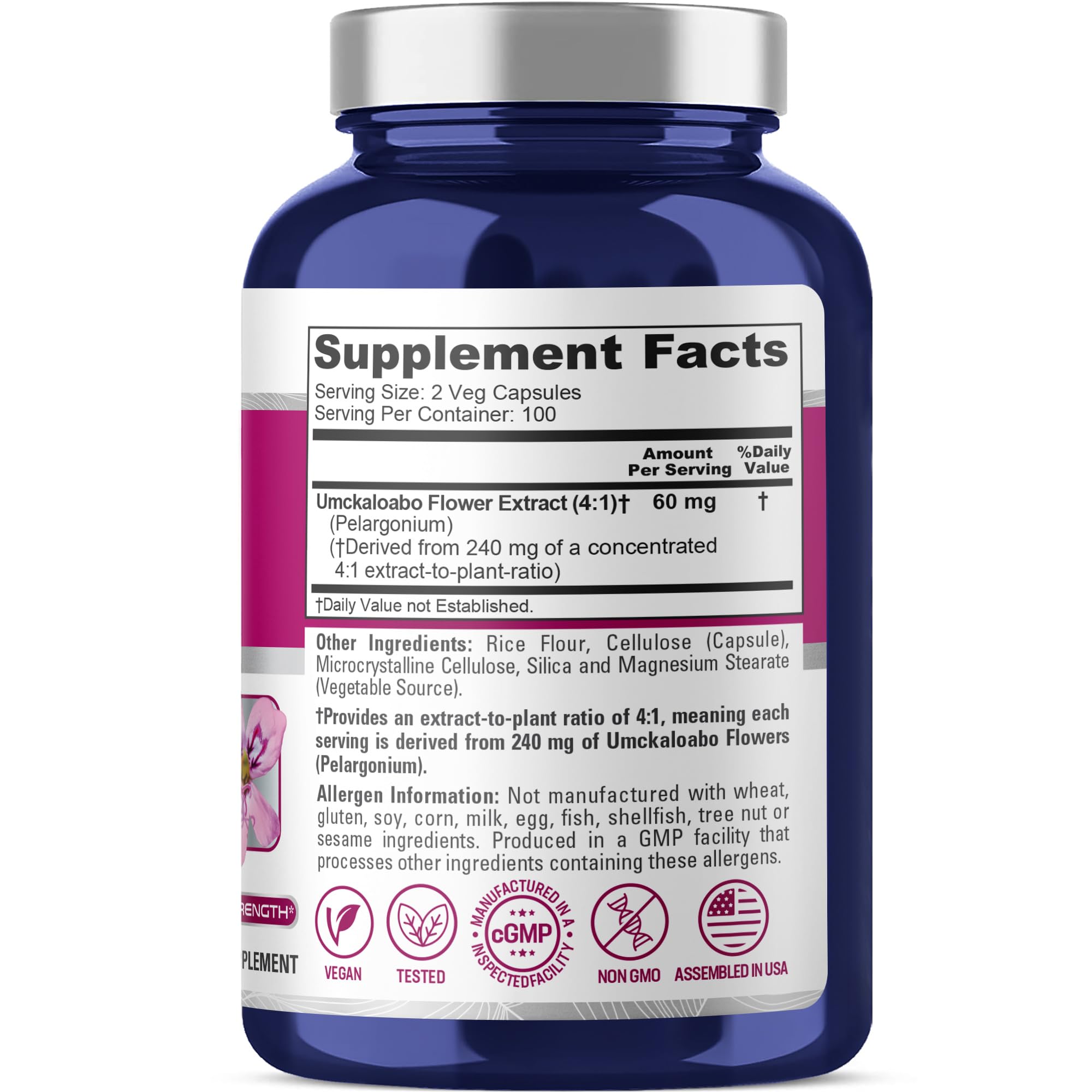 NusaPure Umckaloabo 4:1 Extract, 60 mg Equivalent to 240 mg Veggie Caps 200 Count (Non-GMO, Vegan) NusaPureAu supplements