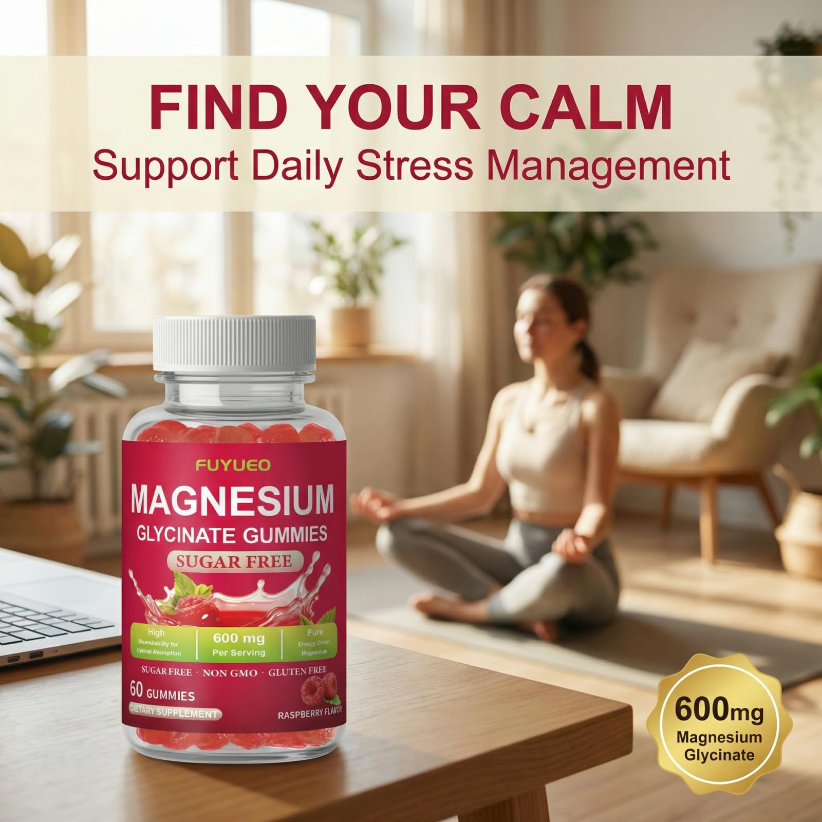 FUYUEO Magnesium Glycinate Gummies for Sleep & Relaxation, Sugar Free High Absorption Magnesium Supplement for Men & Women, Gentle on Stomach, Chewable, Raspberry, 60 Count (Pack of 1) FUYUEOAu supplements