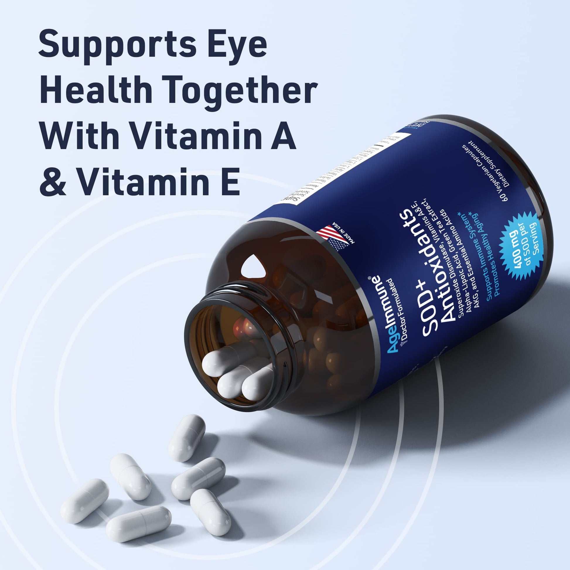SOD Antioxidants Complex Healthy Aging Supplement - 400mg of Superoxide Dismutase - Alpha Lipoic Acid - L-Arginine -Lysine - AKG - Vitamin A - Vitamin E for Immune Support-60 Capsules AgeImmuneAu supplements