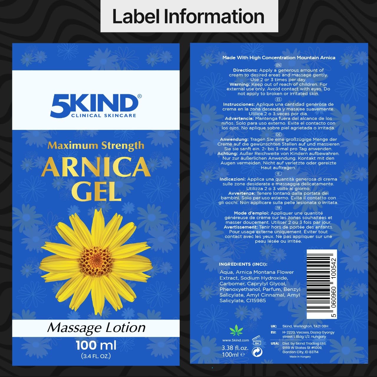 5kind Maximum Strength Arnica Bruise Gel 3.4 Fl Oz - Arnica Gel for Bruising and Swelling - Arnica Montana Gel with High Concentration Extract - Non-Greasy Formula 5kind clinical skincareAu supplements