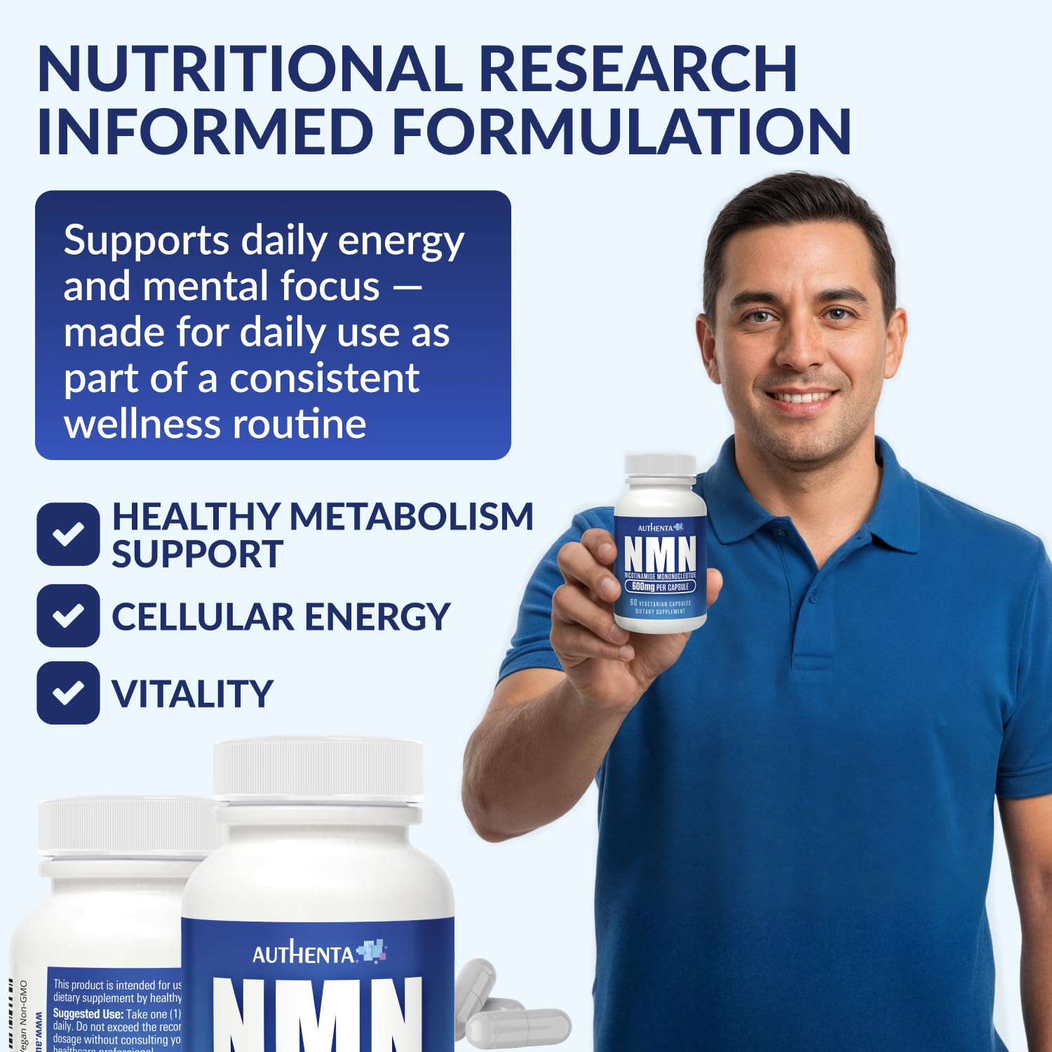 NMN Supplement 600 mg/Capsule Once Daily | 99% Pure Beta Nicotinamide Mononucleotide | Potent NAD⁺ Precursor | Supports Cellular Energy & Metabolism | Vegan, Non-GMO, Third-Party Tested & Gluten-Free AUTHENTAAu supplements