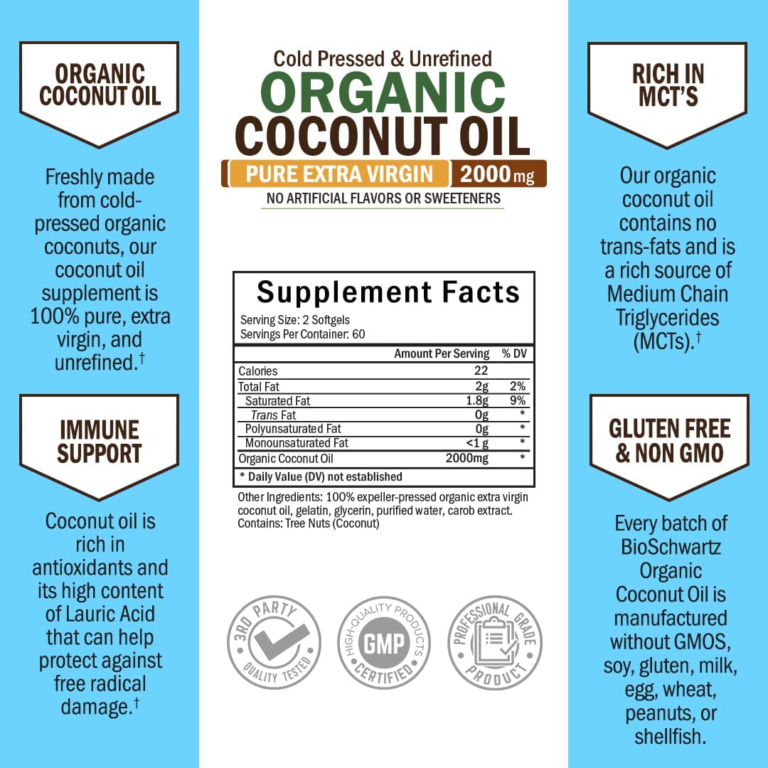 Coconut Oil Capsules 2000mg - Organic Pure Extra Virgin Unrefined Cold Pressed MCT BioSchwartzAu supplements