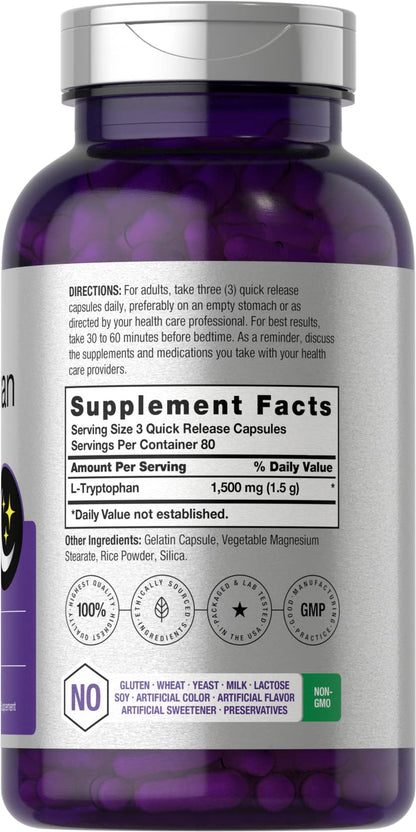 L Tryptophan 1500mg Capsules | 240 Count | Nighttime Formula | Non-GMO, Gluten Free HorbäachUS supplements