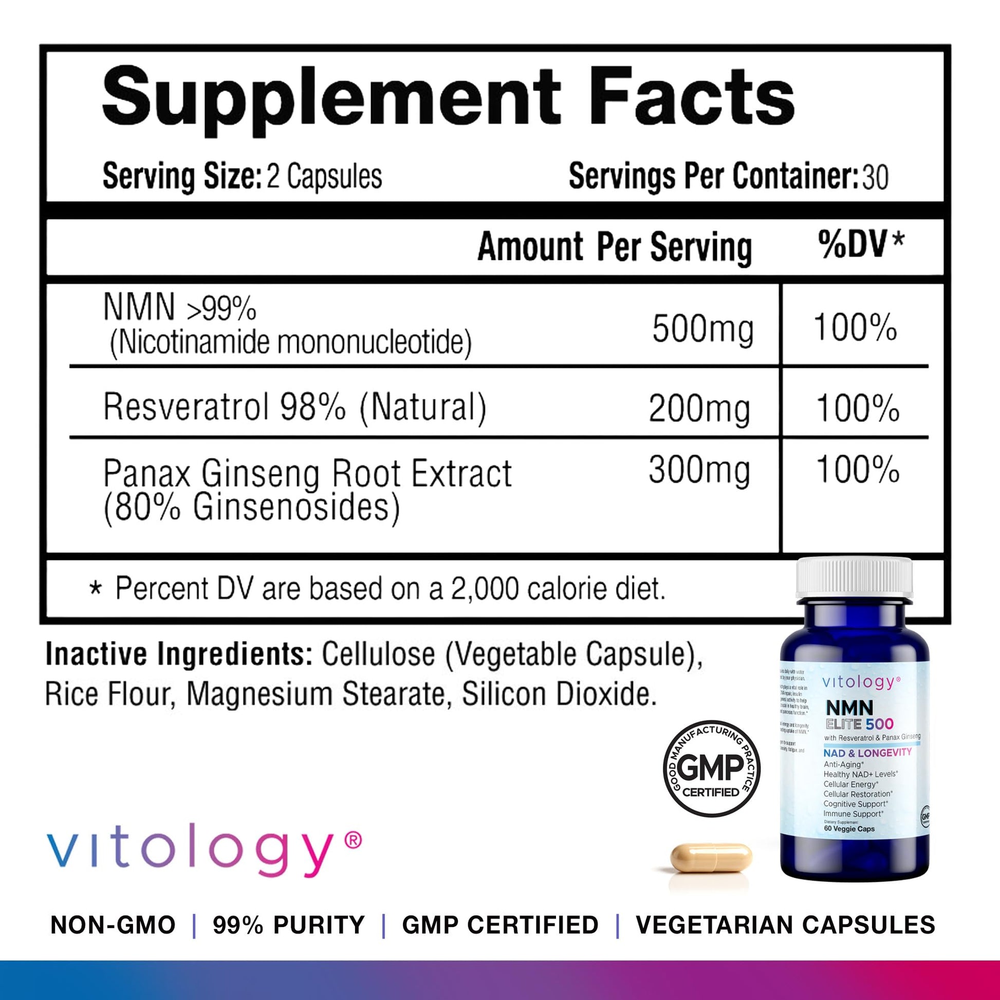 Vitology NMN Elite 500 – NMN 500mg, Resveratrol 200mg, Panax Ginseng 300mg – NAD+ Cellular Energy & Longevity Support Supplement – Focus, Vitality & Anti-Aging Formula – Non-GMO, Vegan Capsules VitologyAu supplements