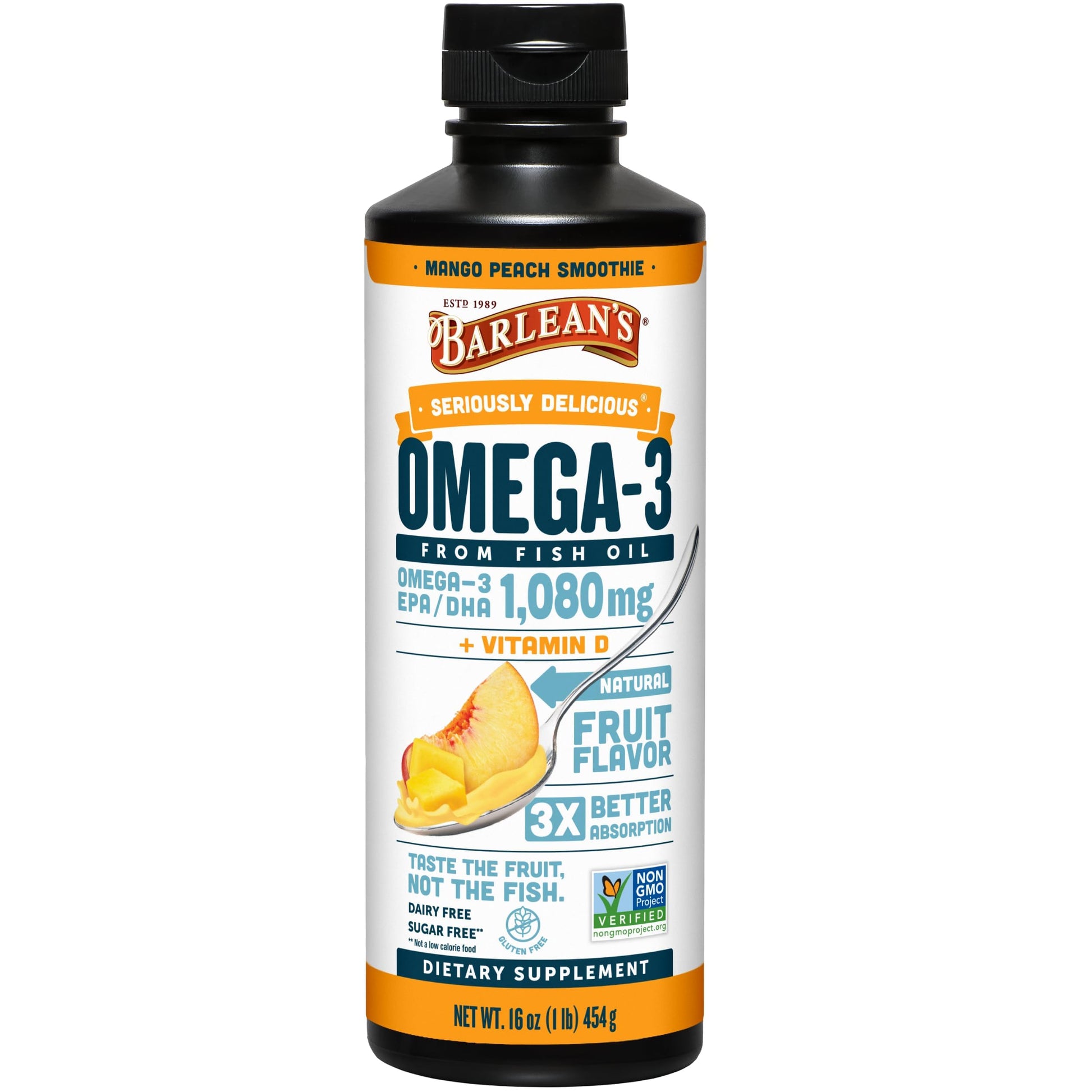 Barlean's Omega 3 Fish Oil Liquid Supplement with Vitamin D for Men and Women, 1080mg of EPA and DHA Fatty Acid, Promotes Brain & Heart Health - Non-GMO, Mango Peach, 16 oz Barlean'sAu supplements