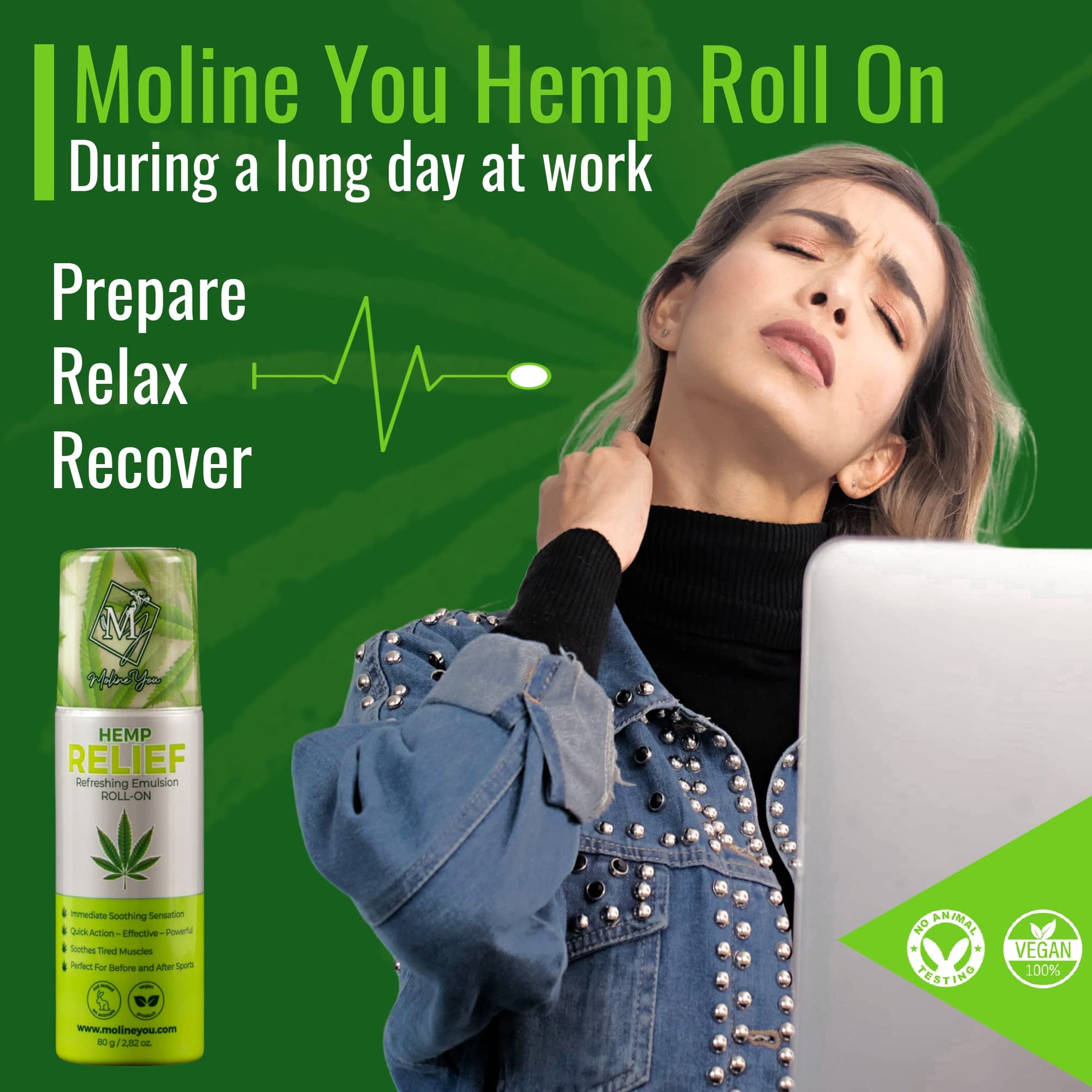 Moline You Natural Powerful Hemp Roll On, for Joint & Muscle Discomfort, Back, Neck, Knee, Shoulders HIPS. Formula with Hemp Oil Extract, Arnica, Menthol (Roll On 3 oz) Moline YouAu supplements
