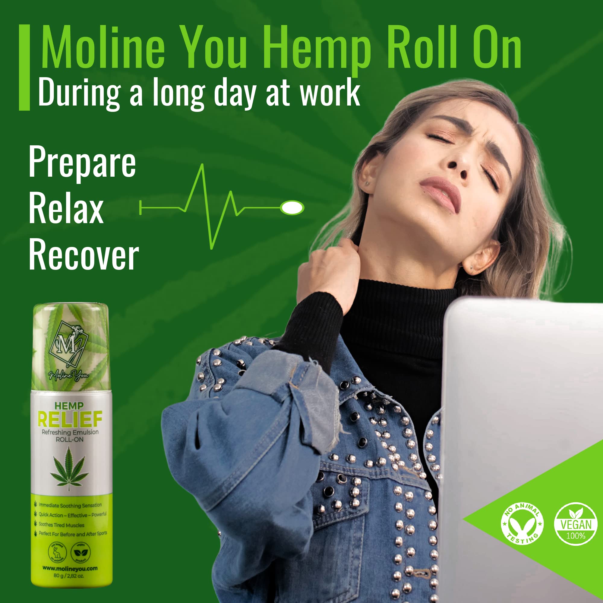Moline You Natural Powerful Hemp Roll On, for Joint & Muscle Discomfort, Back, Neck, Knee, Shoulders HIPS. Formula with Hemp Oil Extract, Arnica, Menthol (Roll On 3 oz) Moline YouAu supplements