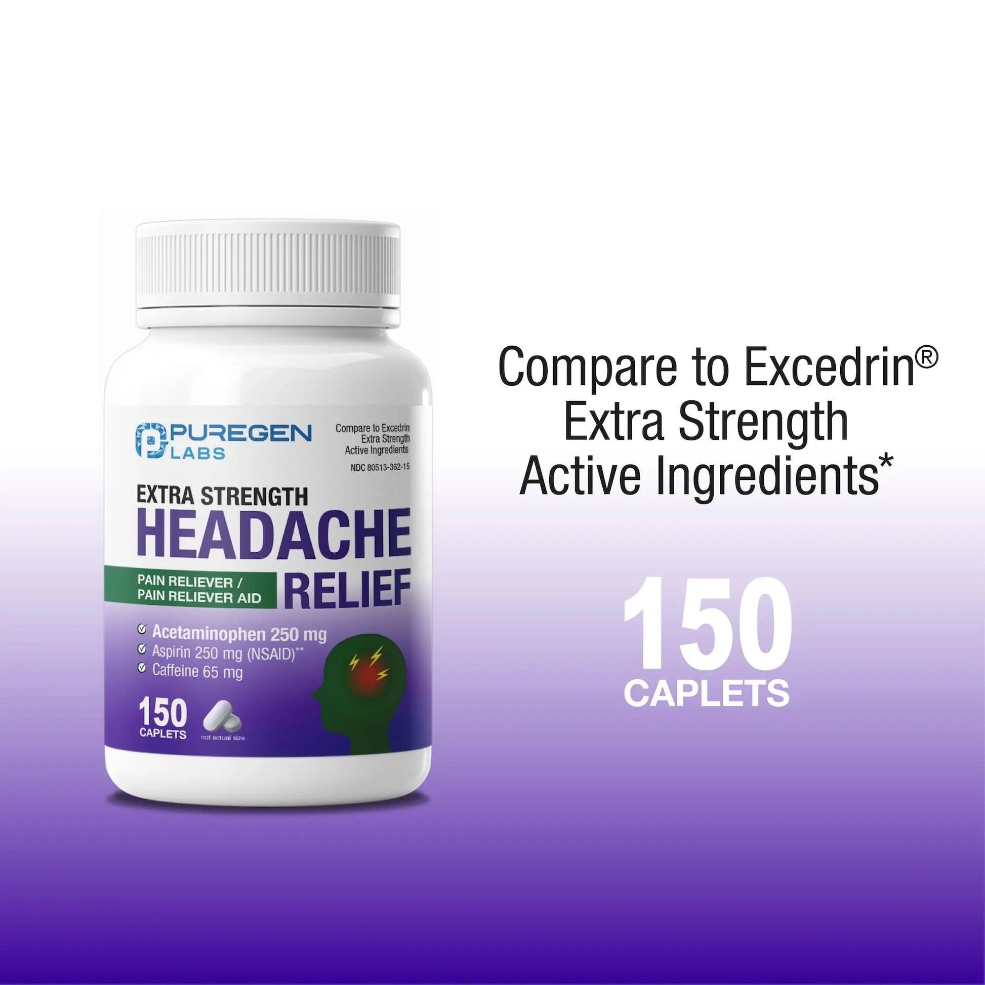 Puregen Labs Extra Strength Headache Caplets, Aspirin 250 mg (NSAID), Caffeine 65 mg, 150 Count P Puregen LabsAu supplements