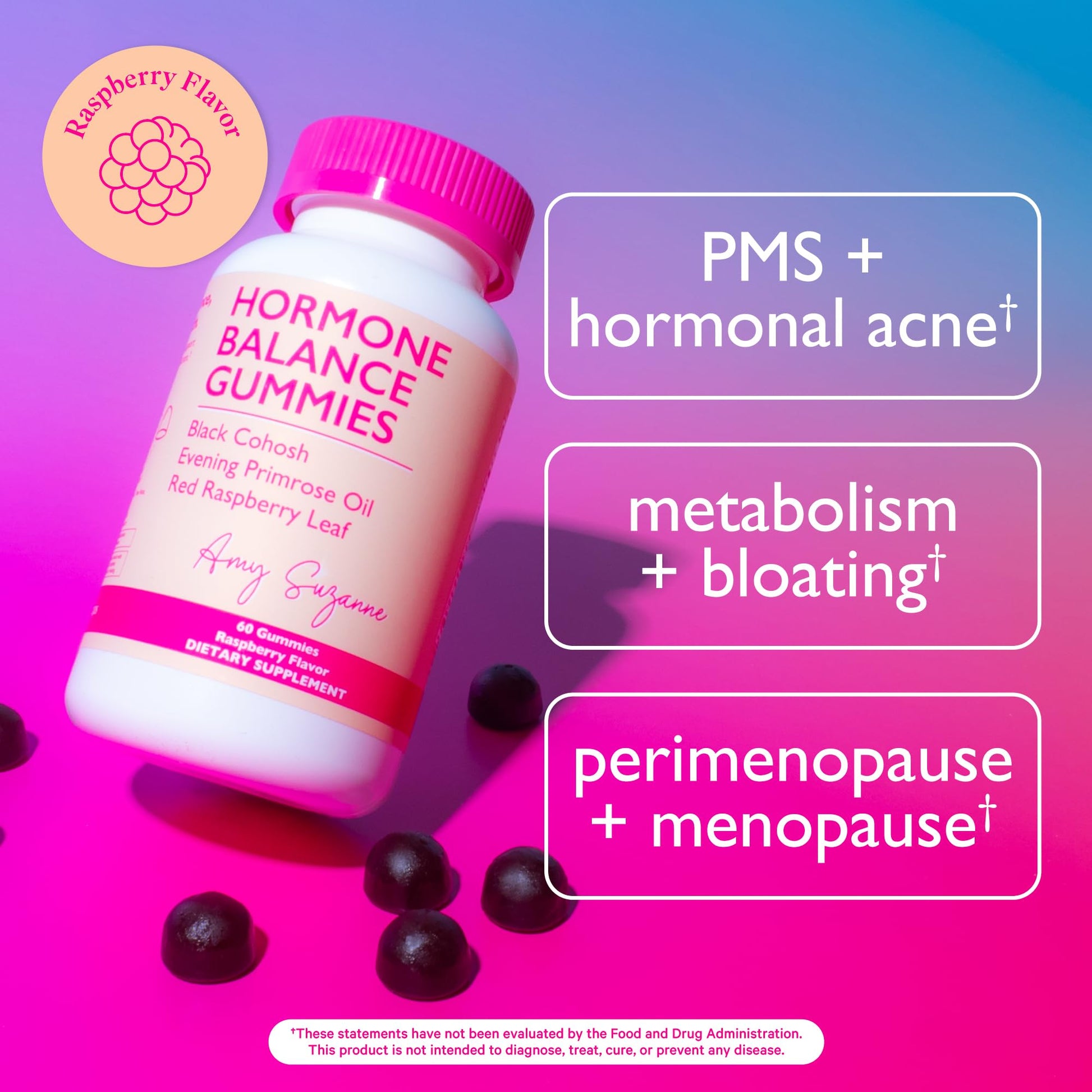 Amy Suzanne Hormone Balance Gummies for Women - Hormone Harmony for Mood, Energy, Bloating - Hormonal PMS, Perimenopause & Menopause Support - Red Raspberry Leaf & Black Cohosh - 60 Gummy Supplements Amy SuzanneAu supplements