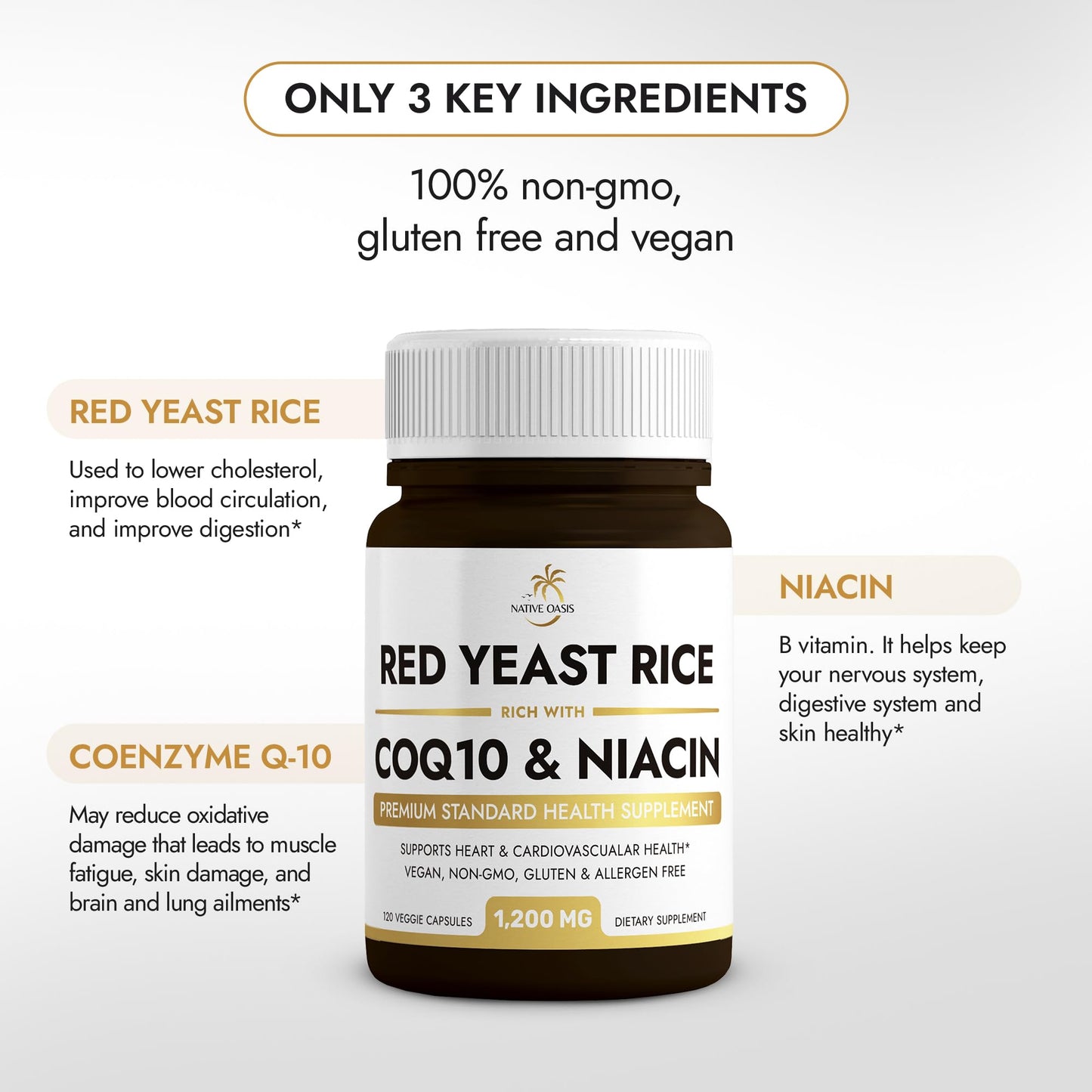 Native Oasis (2 Bottles) Red Yeast Rice 1,200 mg. Capsules Made with CoQ10 and Flush Native OasisUS supplements