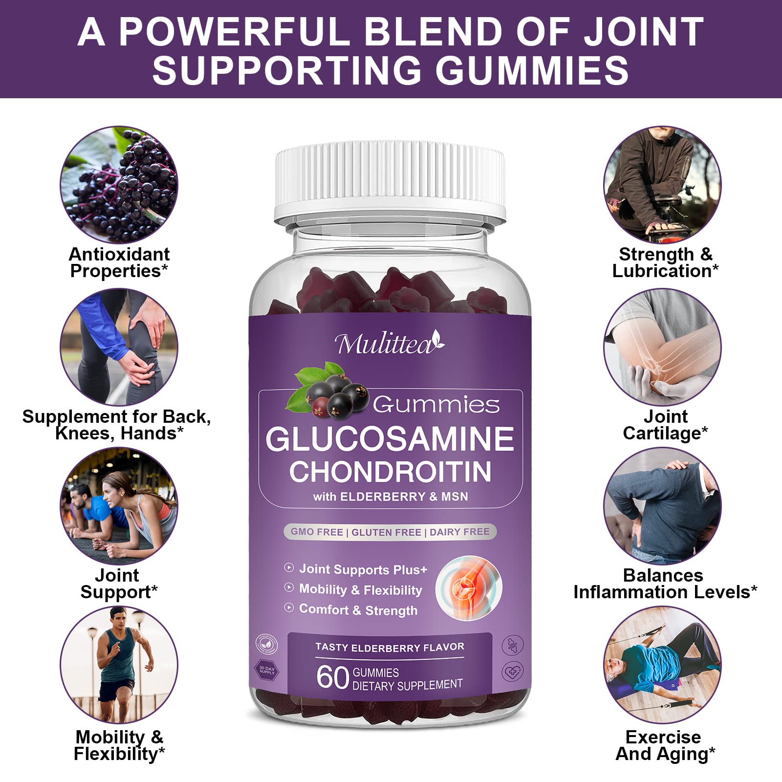 Mulittea Glucosamine Chondroitin Gummies - Extra Strength Joint Support Supplement with MSM & Elderberry for Natural Joint, Antioxidant Immune Support for Adults, Men & Women-(2 Pack) MulitteaAu supplements