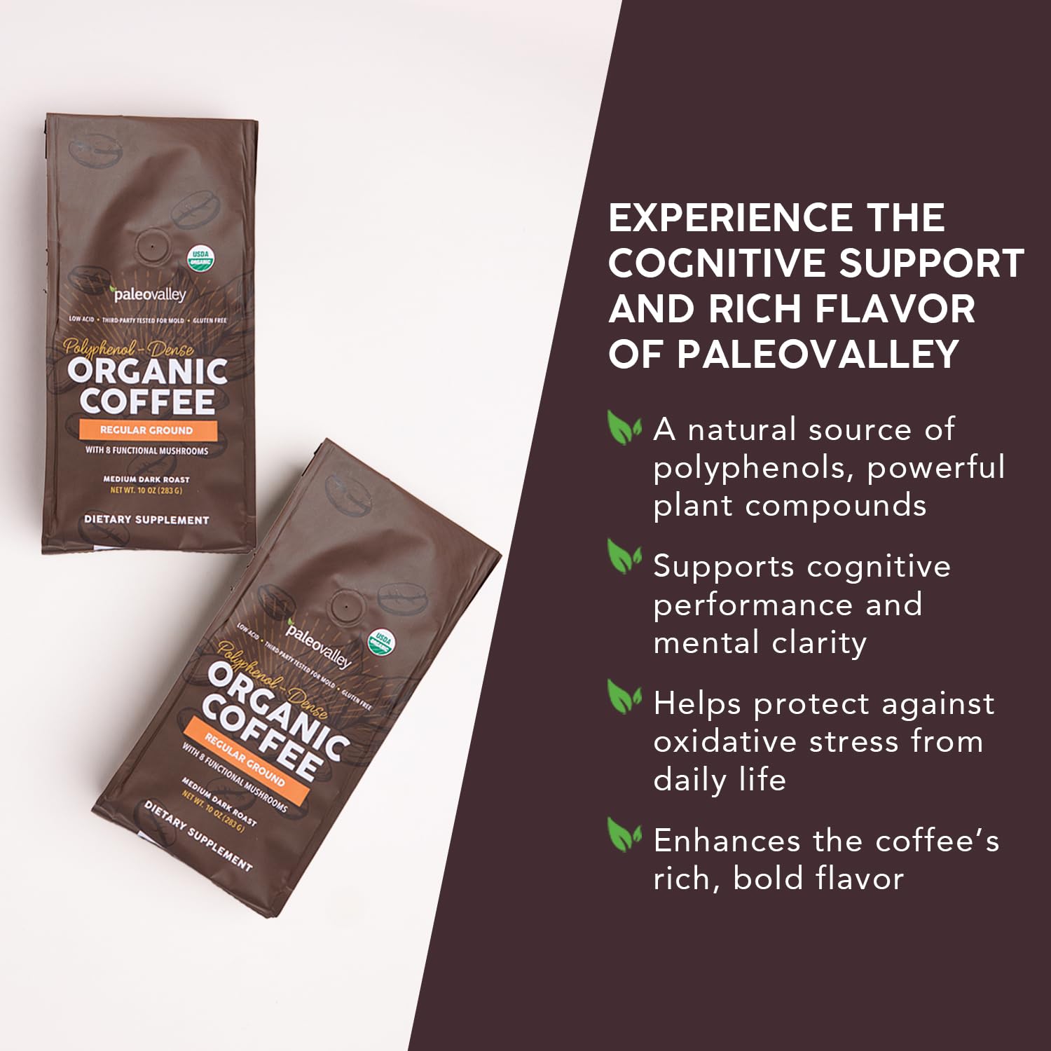 Paleovalley Organic Ground Coffee, 10oz - Regular, Low Acid, Single-Origin, Polyphenol-Rich, Infused with Mushrooms PaleovalleyUS supplements