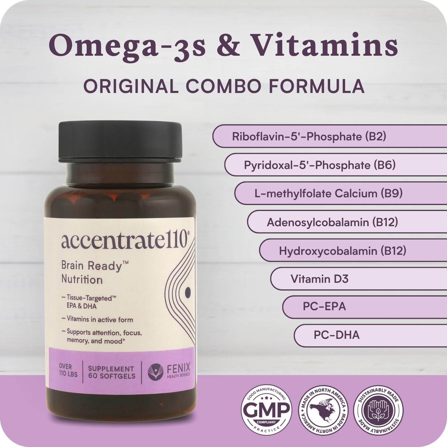 Accentrate110 - Focus Supplement - Methylated Vitamin B Complex with Omega 3 Fatty Acid Supplement - L-Methylfolate, Vitamin B12, P-5-P, Riboflavin, VIT D, – 60 Softgels (1 Month Supply) AccentrateAu supplements