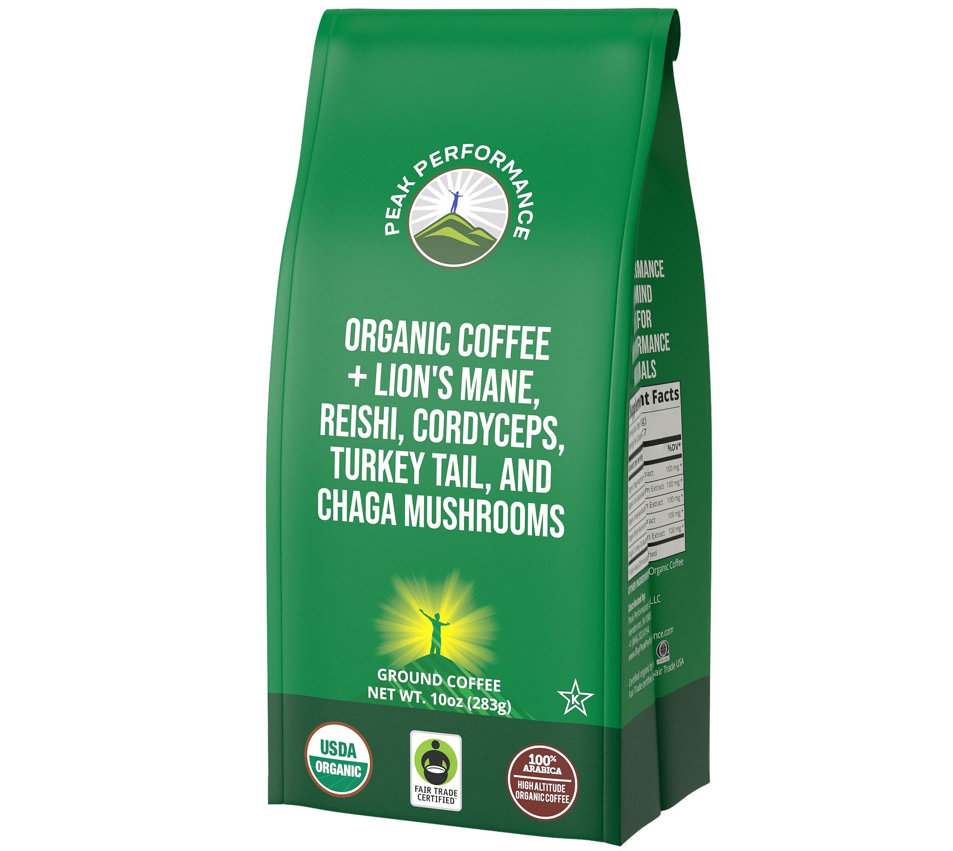 Organic Low Acid Mushroom Coffee with Lion's Mane, Reishi, Cordyceps, Turkey Tail, and Chaga Mushrooms - Great Tasting Premium High Altitude Medium Roast Ground Bags 10 oz by Peak Performance Peak PerformanceAu supplements