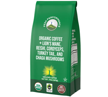 Organic Low Acid Mushroom Coffee with Lion's Mane, Reishi, Cordyceps, Turkey Tail, and Chaga Mushrooms - Great Tasting Premium High Altitude Medium Roast Ground Bags 10 oz by Peak Performance Peak PerformanceAu supplements