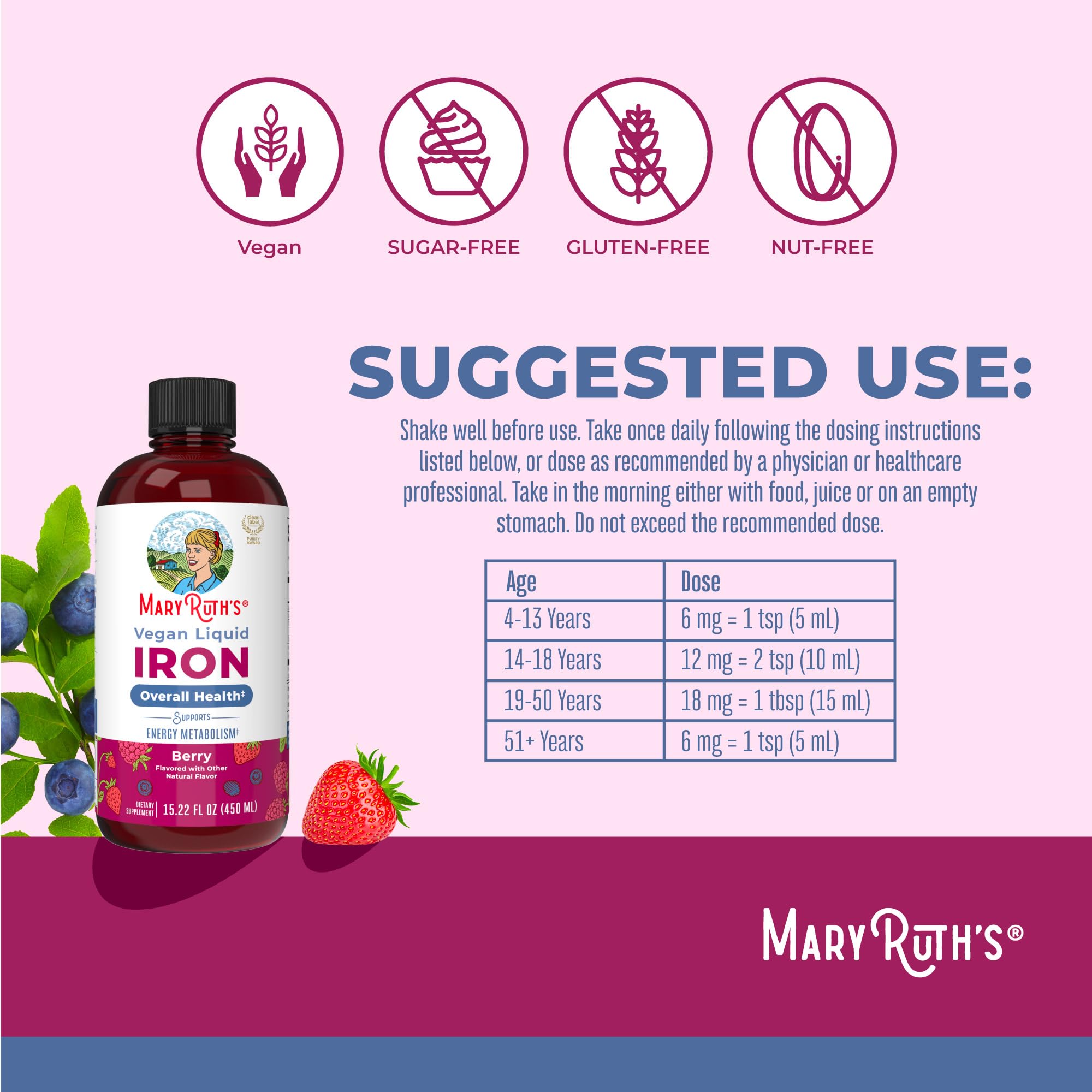 Iron Supplement for Women Men & Kids | Liquid Iron Supplement for Women Men & Kids | Iron for Healthy Blood & Oxygen | Ages 4 & Up | Sugar Free | Vegan | Non-GMO | Gluten Free | 15.22 Fl Oz MARYRUTH'SUS supplements
