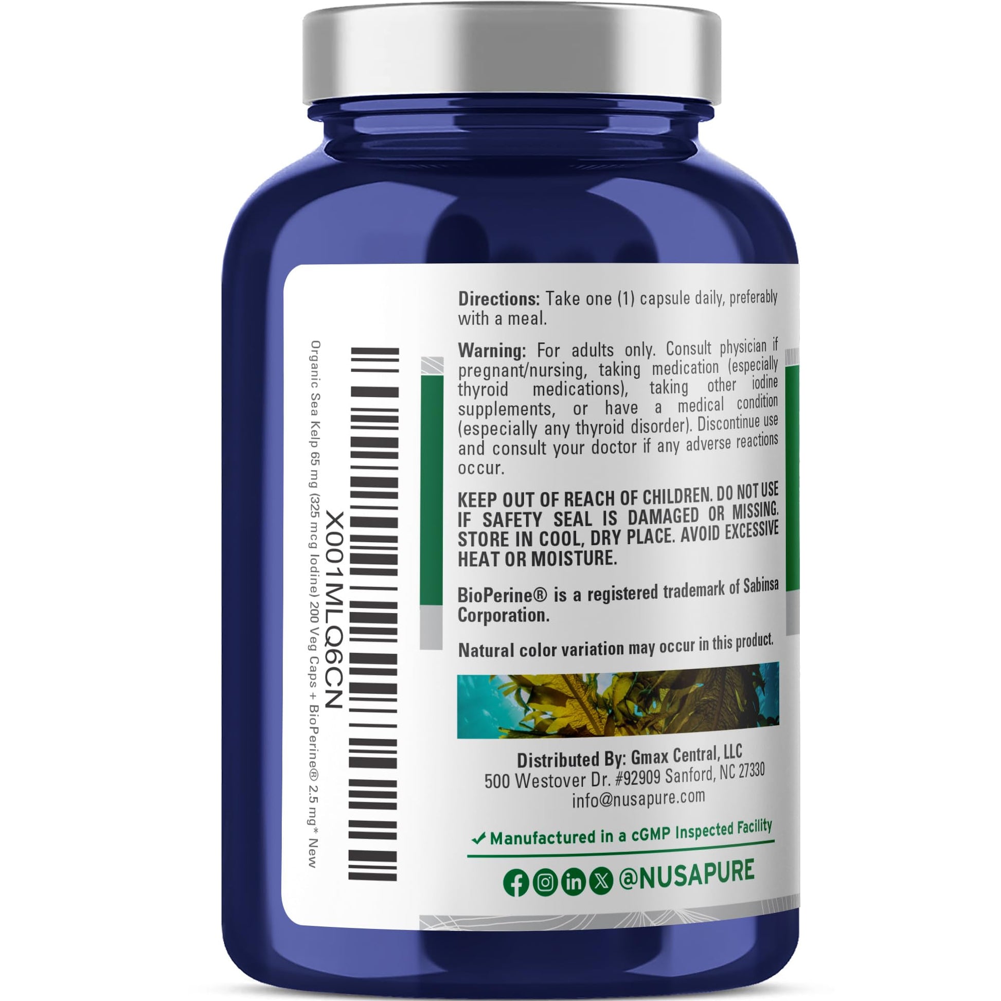 NusaPure Sea Kelp Natural Iodine 325mcg 10:1 Extract, 65 mg Equivalent to 650 mg Capsule 200 Count (Non-GMO, Vegan) NusaPureAu supplements