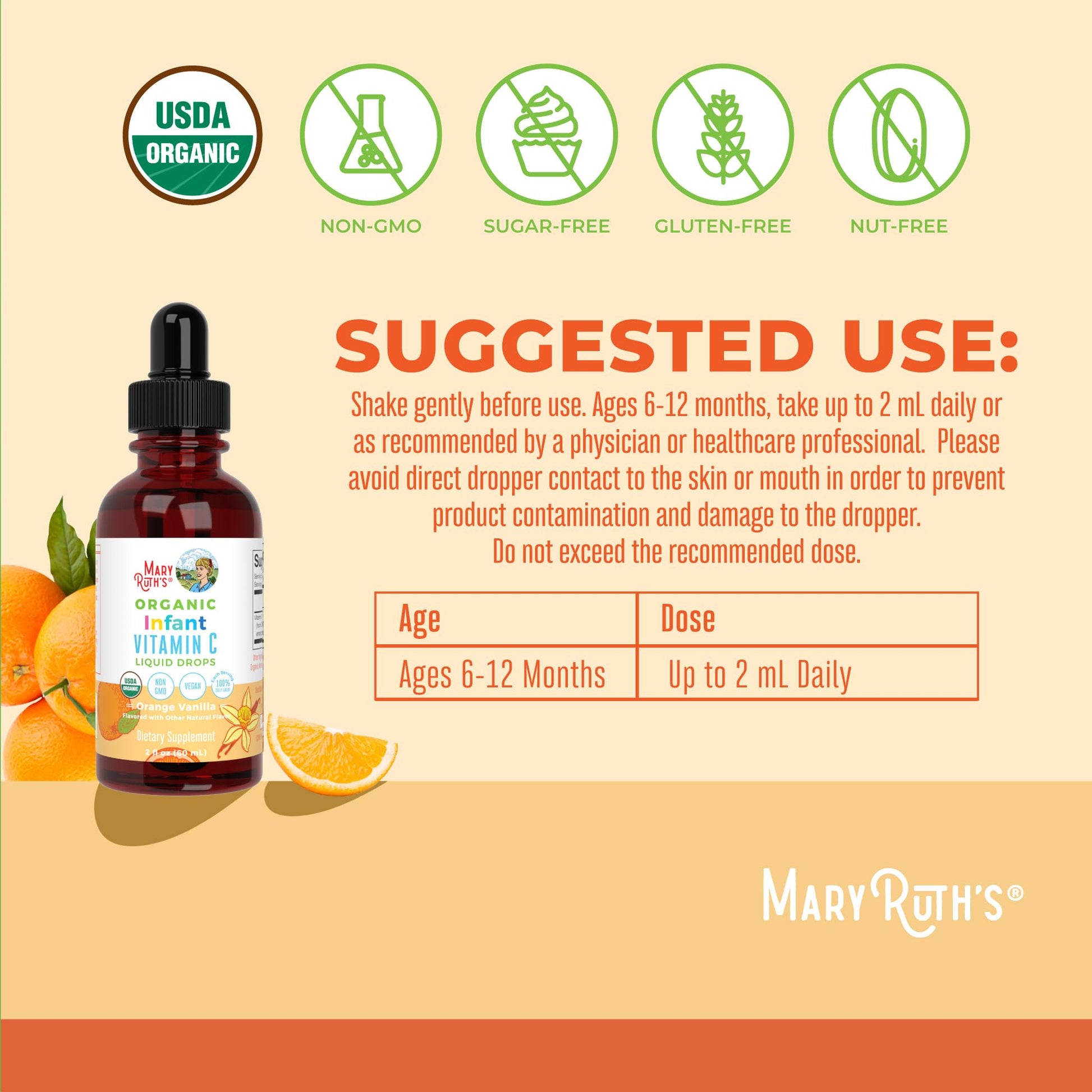 MaryRuth Organics Infant & Baby Vitamin C Supplement | USDA Organic Vitamin C Liquid Drops for Infants | Ages 6-12 Months | Immune Support | Overall Health | Vegan | Non-GMO | Gluten Free | 2 Fl Oz MARYRUTH'SUS supplements