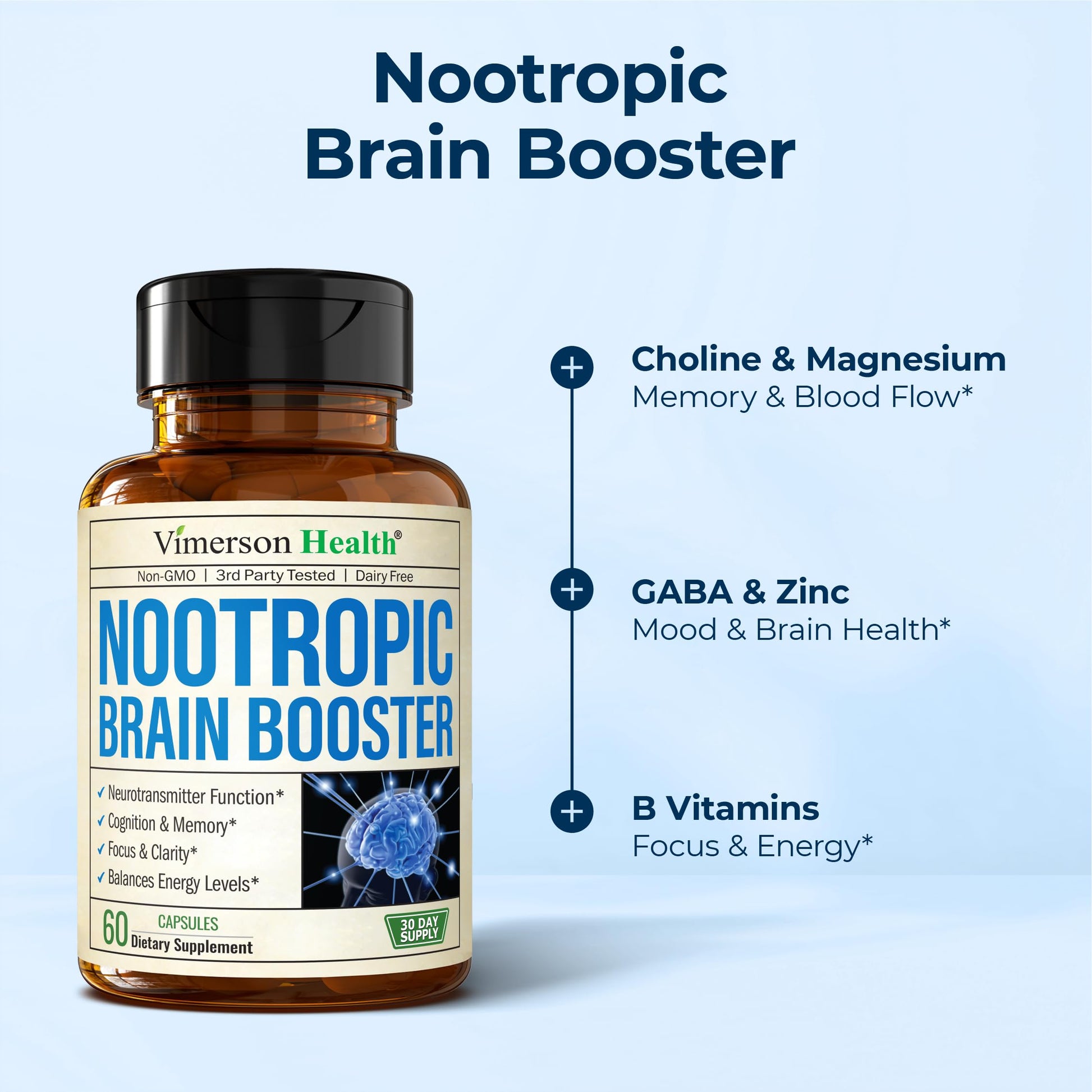 Nootropics Brain Support Supplement - Nootropic Brain Booster for Improved Focus, Concentration & Memory. Brain Nootropic for Brain Health, Mood & Energy Support. Non-GMO. Made in the USA. 60 Capsules Vimerson HealthAu supplements