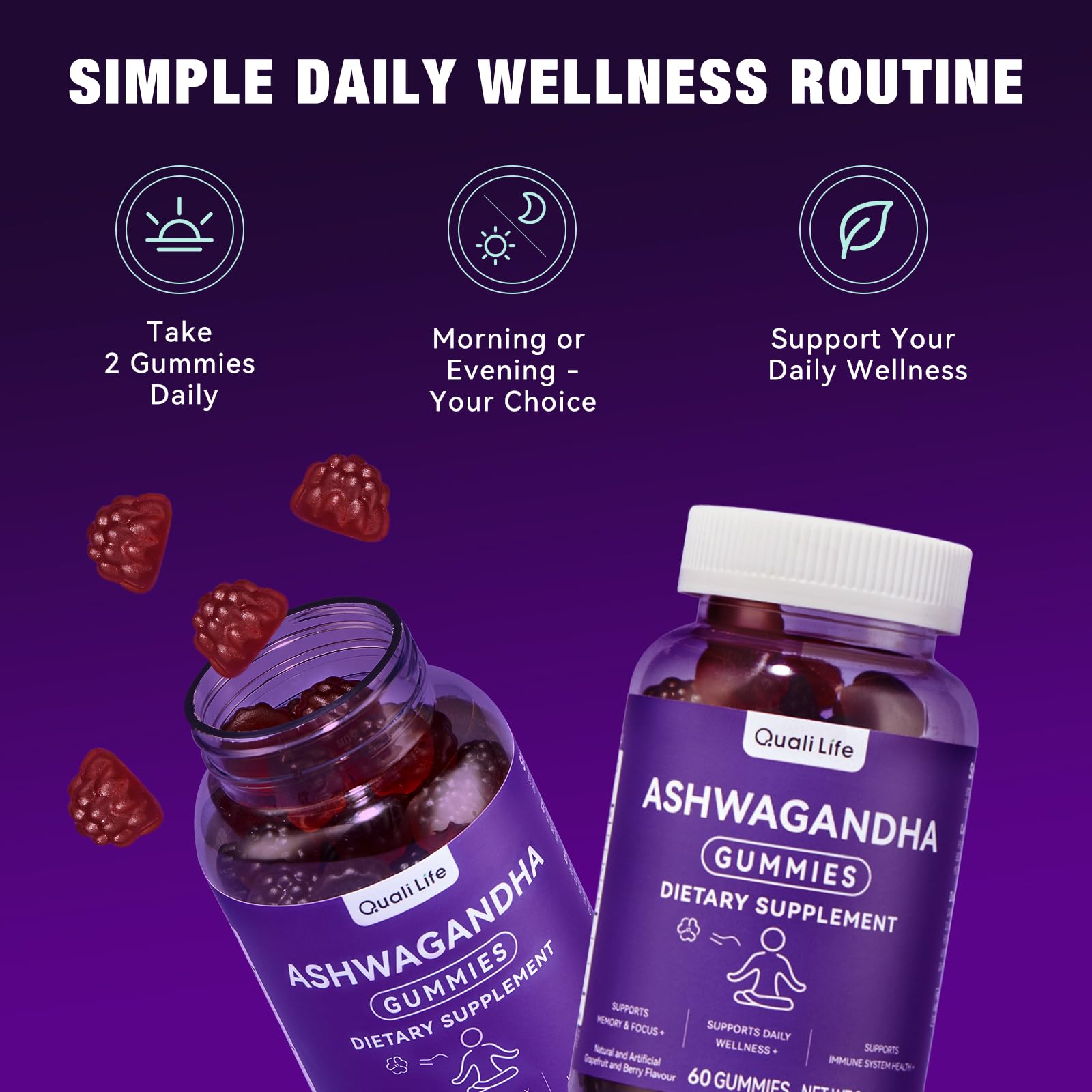 QualiLife Ashwagandha Gummies for Relax & Cortisol Support – High Strength Root Extract with Cranberry & Chaste Tree, Grapefruit & Berry Flavour – Vegan, Non-GMO, Gluten-Free – 60 Gummies (30 Days) QualiLifeAu supplements