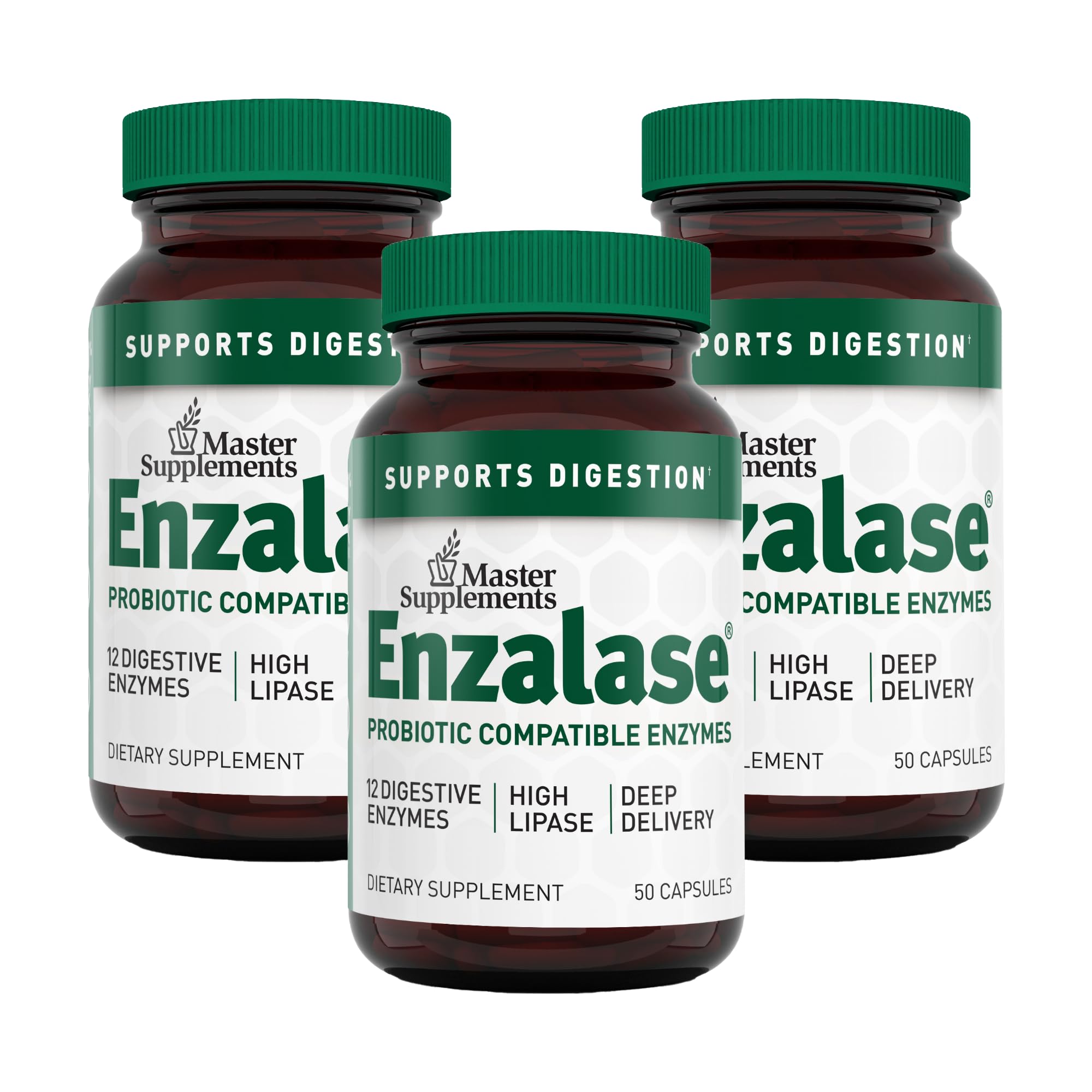 Master Supplements Enzalase - 50 Capsules, Pack of 3 - Probiotic Compatible Enzymes - Provides Digestive Boost + Gas & Bloating Relief - Gluten Free - 150 Total Servings ENZALASEAu supplements