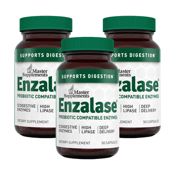 Master Supplements Enzalase - 50 Capsules, Pack of 3 - Probiotic Compatible Enzymes - Provides Digestive Boost + Gas & Bloating Relief - Gluten Free - 150 Total Servings ENZALASEAu supplements