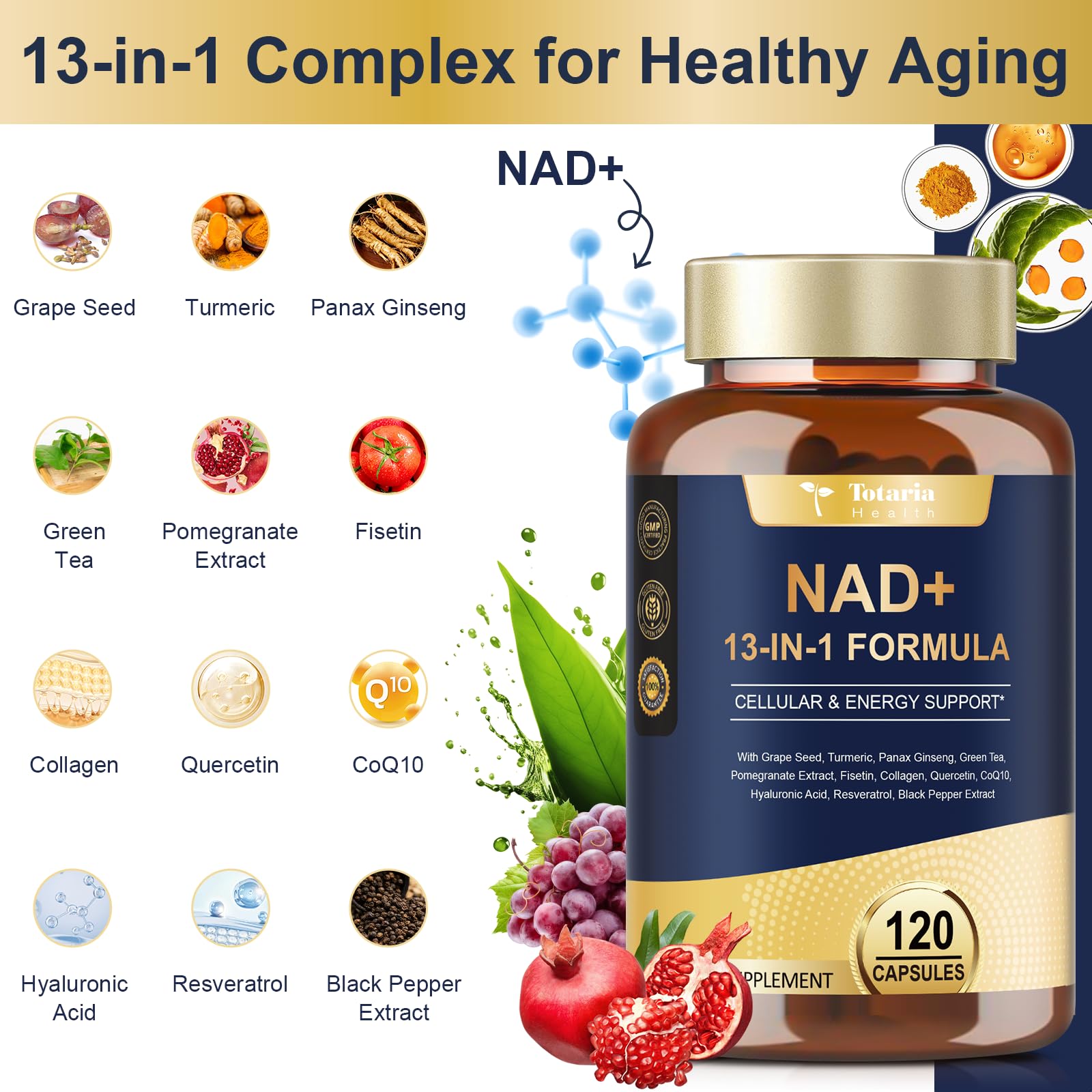 Totaria (2 Packs) NAD Supplement for Women Men with nicotinamide riboside resveratrol,Quercetin, Betaine Boost NAD+ Levels NAD Plus Supplement for Anti Aging, Energy, Immune, Focus 120 Capsules TotariaAu supplements