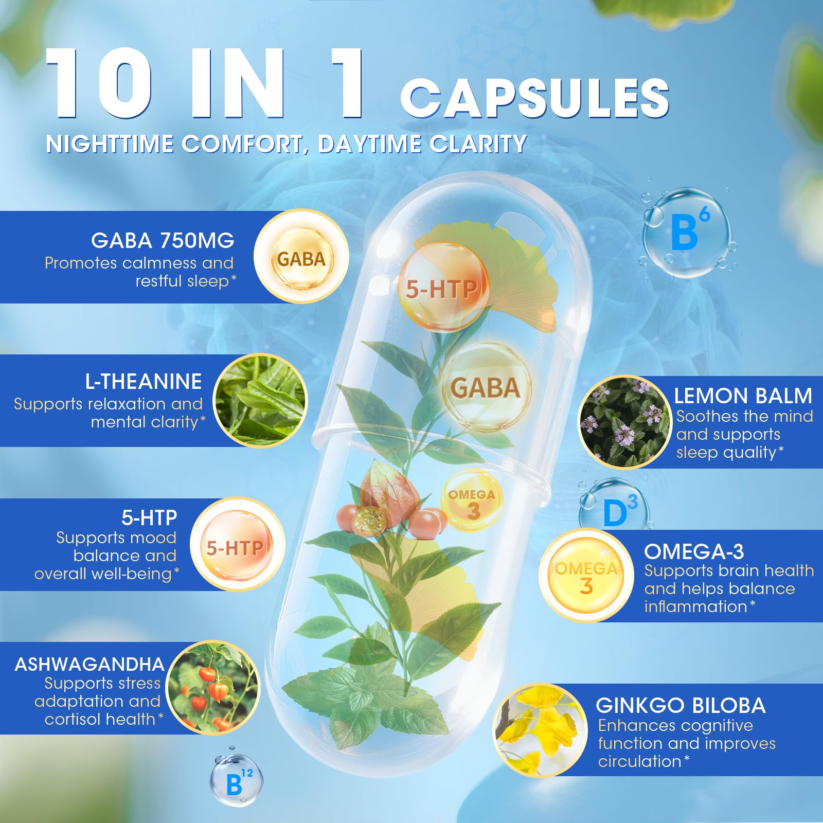 GABA Supplements 750mg with L Theanine, 5HTP, Ashwagandha, Lemon Balm, Ginkgo Biloba, Omega-3, 10 in 1 GABA Calm Capsules for Sleep, Relaxation, Focus, Mood Support, Cortisol Balance - 90CT LukareeAu supplements