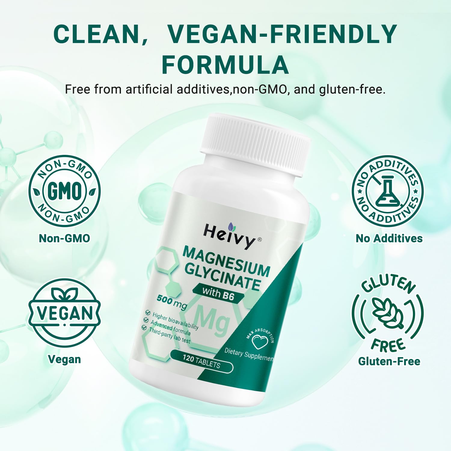 Heivy Pure Magnesium Glycinate 500mg with Vitamin B6, 100% Chelated & Purified Supports Nerve Relife, Sleep Aid & Muscle Support, Vegan & Non-GMO, Made in USA, 3rd Party Tested, 120 Tablets HeivyAu supplements